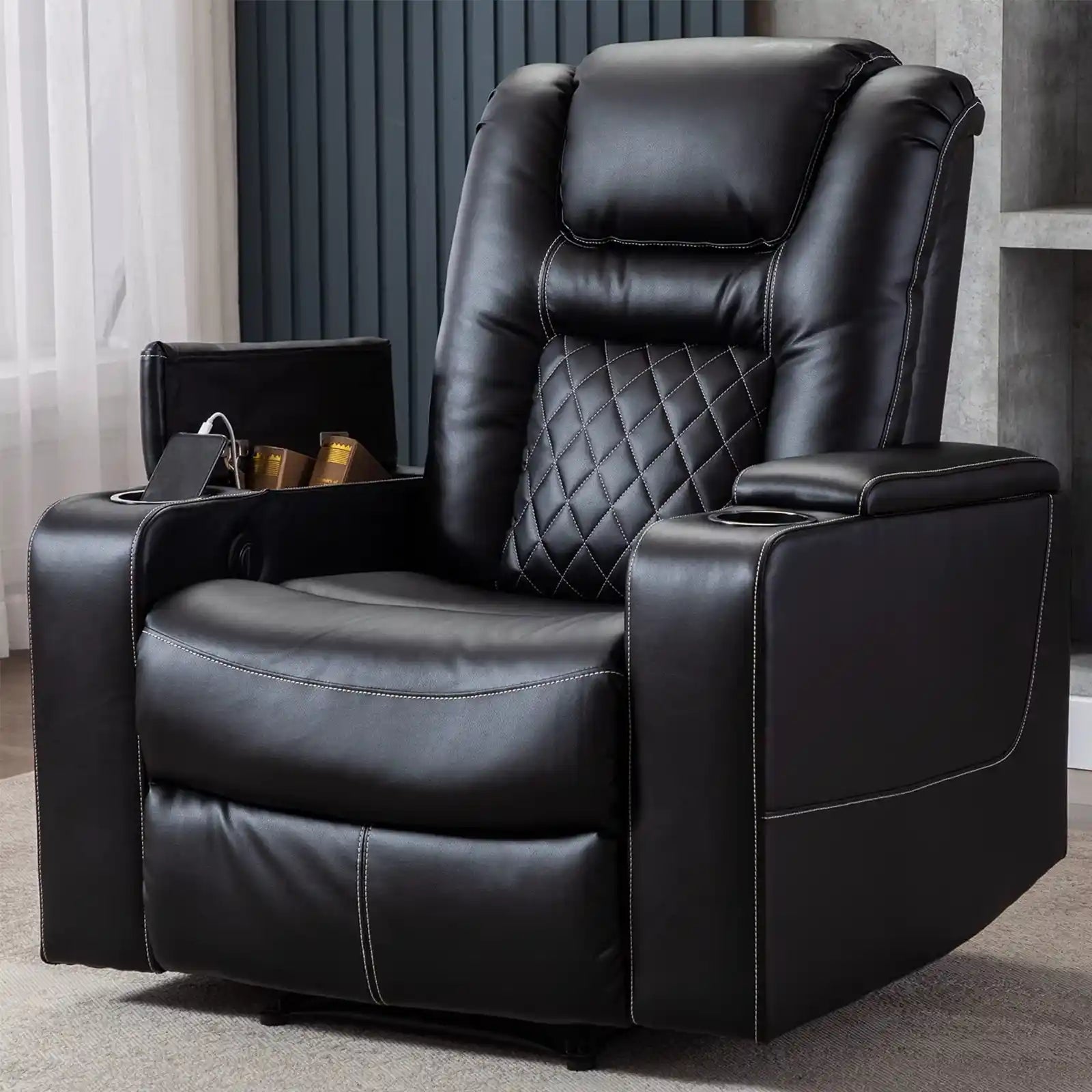Electric Power Recliner Chair with USB Ports and Cup Holders, Breathable Leather