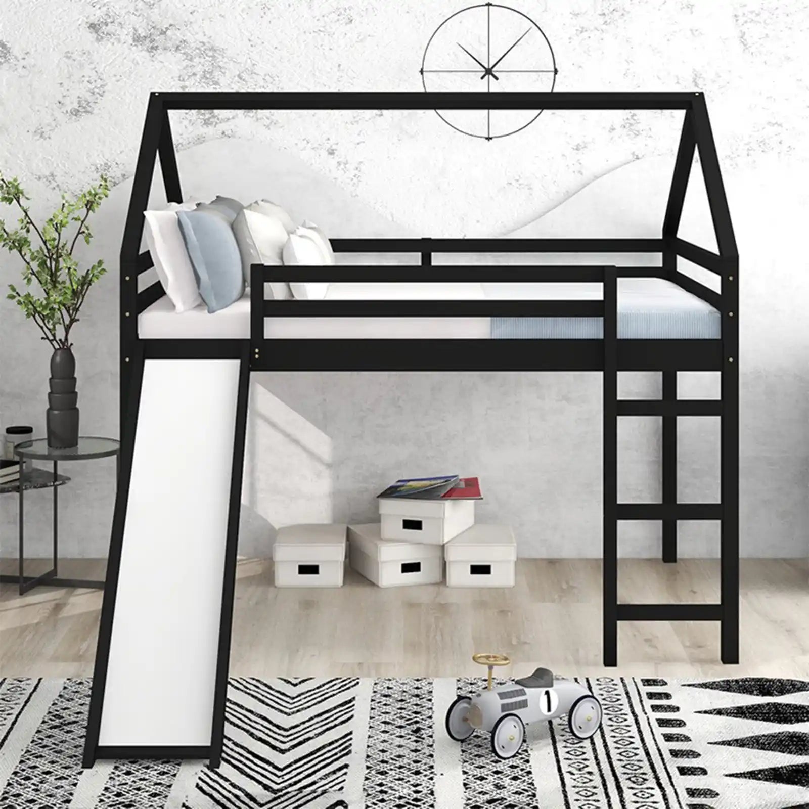 Solid Wood House Loft Bed with Ladder and Guardrail
