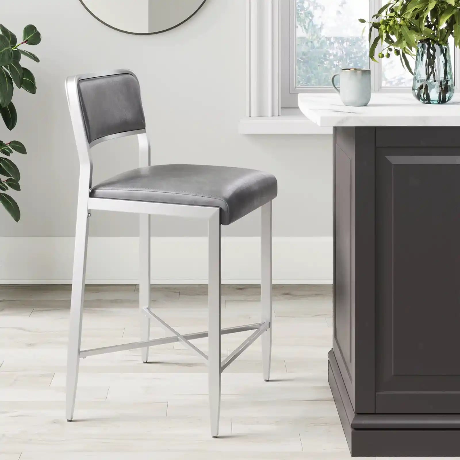 24 Inch Counter Bar Stool Set of 2, Gray Faux Leather Seat Silver Metal Frame