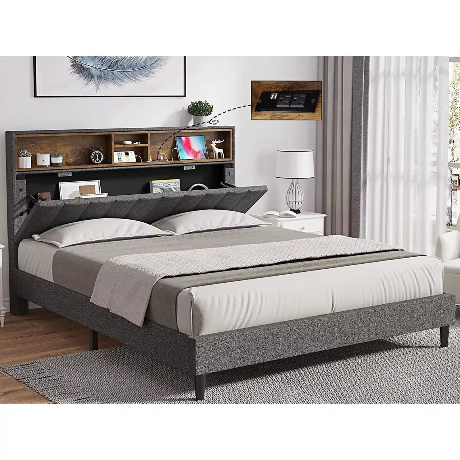 Modern Fabric Upholstered Platform Bed Frame with Power Strip and Storage Headboard