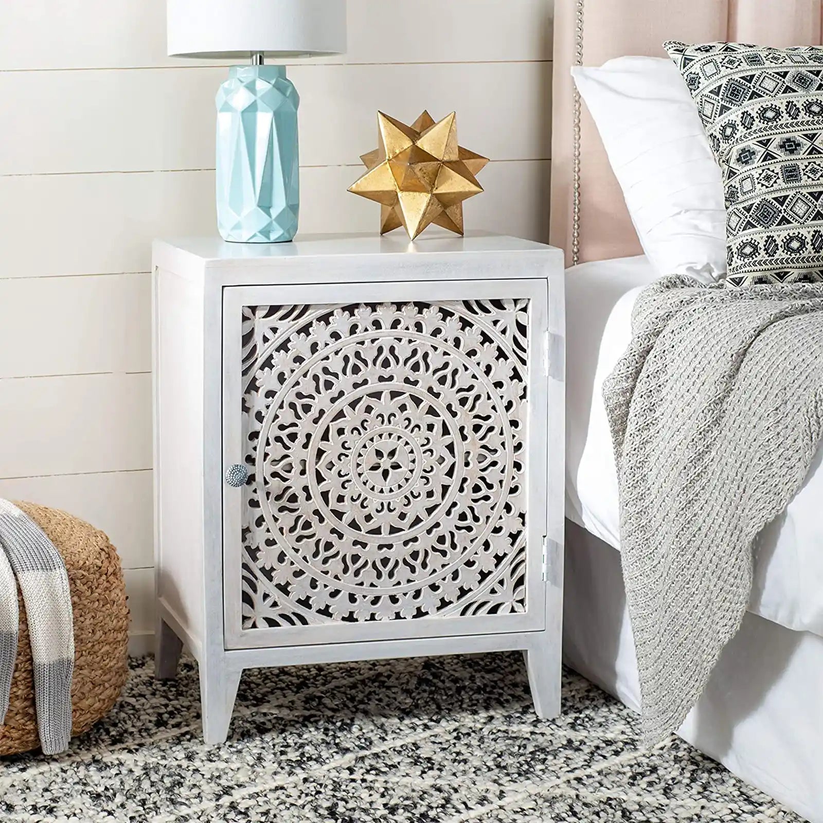 White Washed 1-Door Carved Nightstand