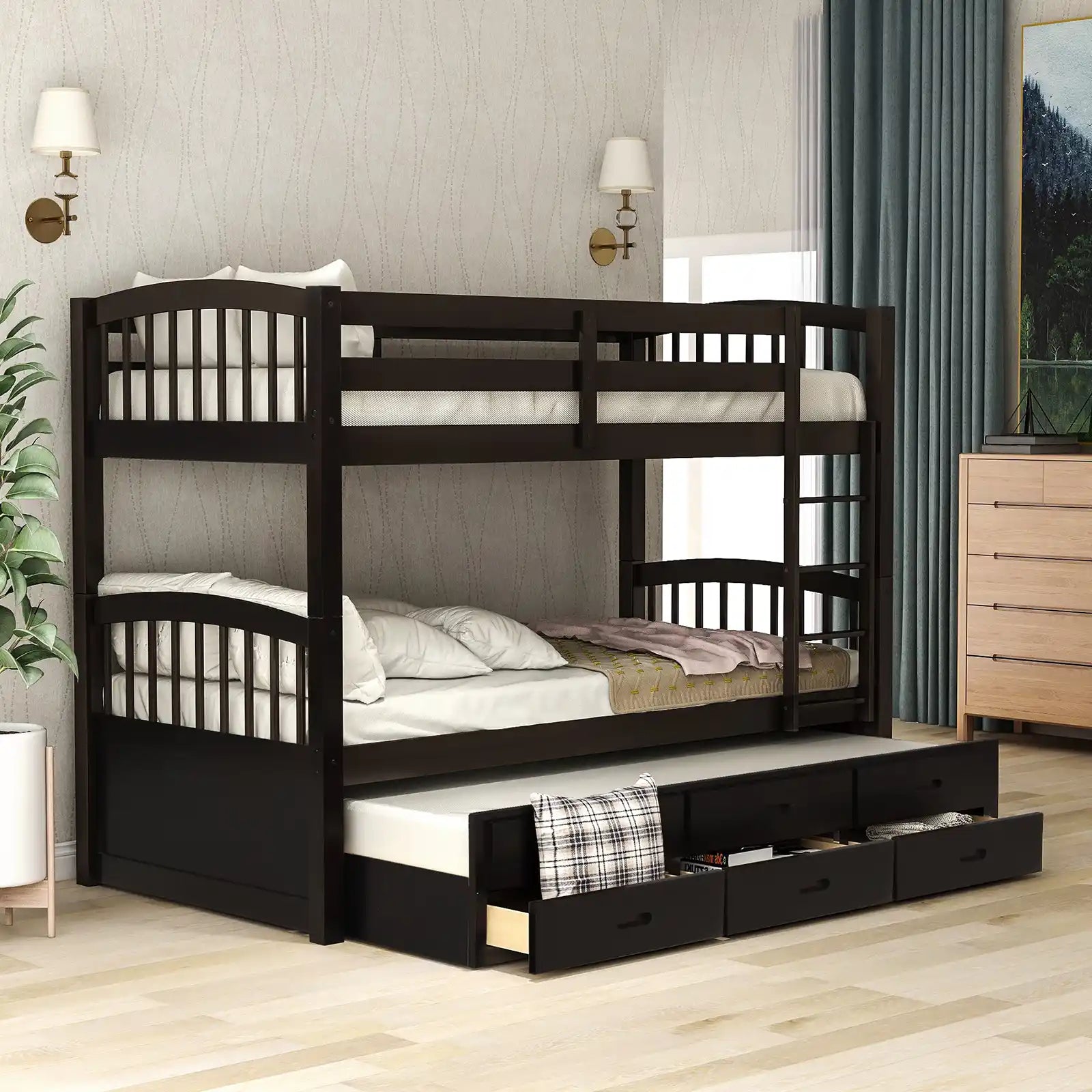 Twin Over Twin Wood Bunk Bed with Trundle and Drawers