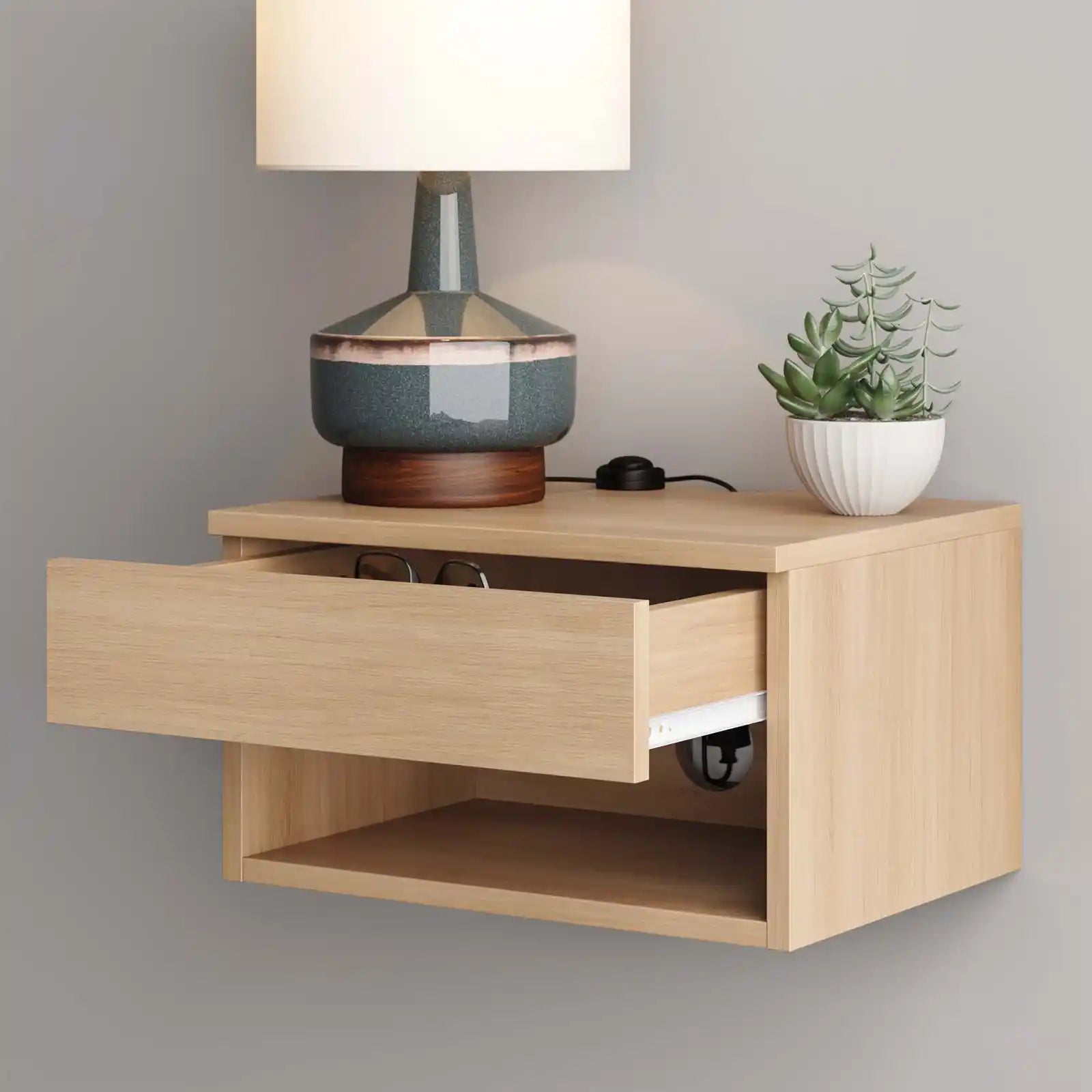 Modern Boho Wood Floating Nightstand with Storage Drawer for Bedroom