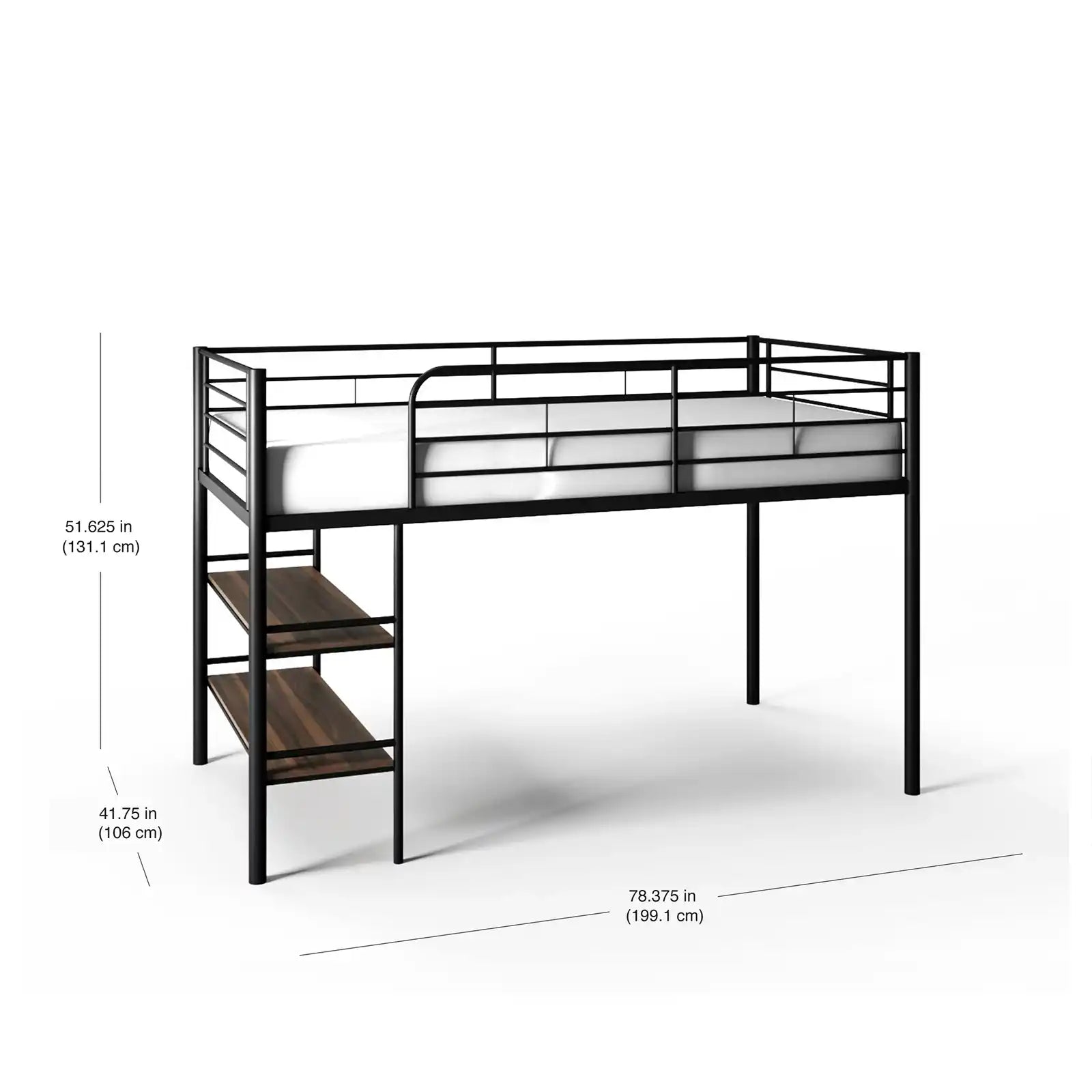 Metal Twin Loft Bed with Open Book Shelf