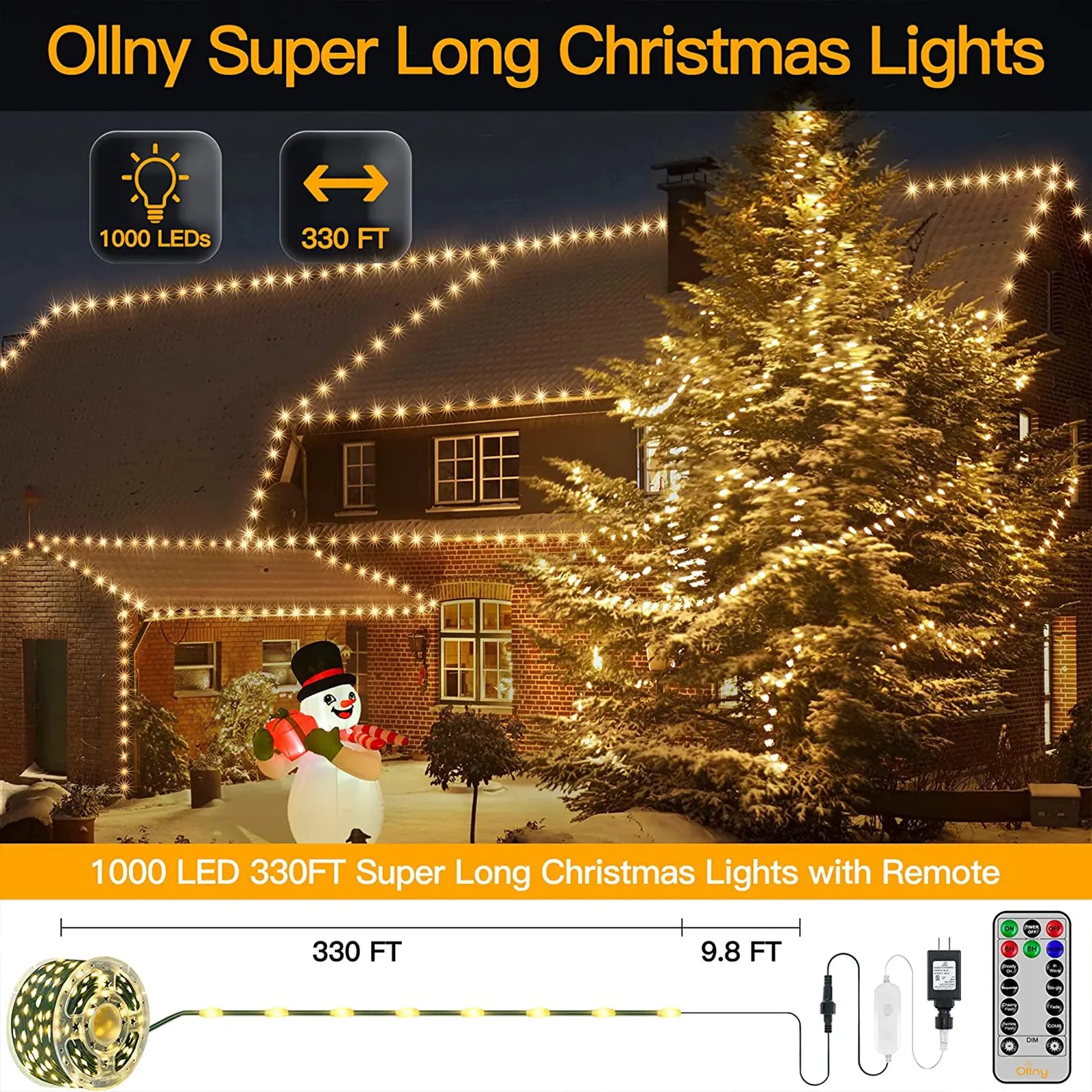 1000 LED 330FT IP67 Waterproof Plug in Christmas Tree Lights with Remote-8 Modes