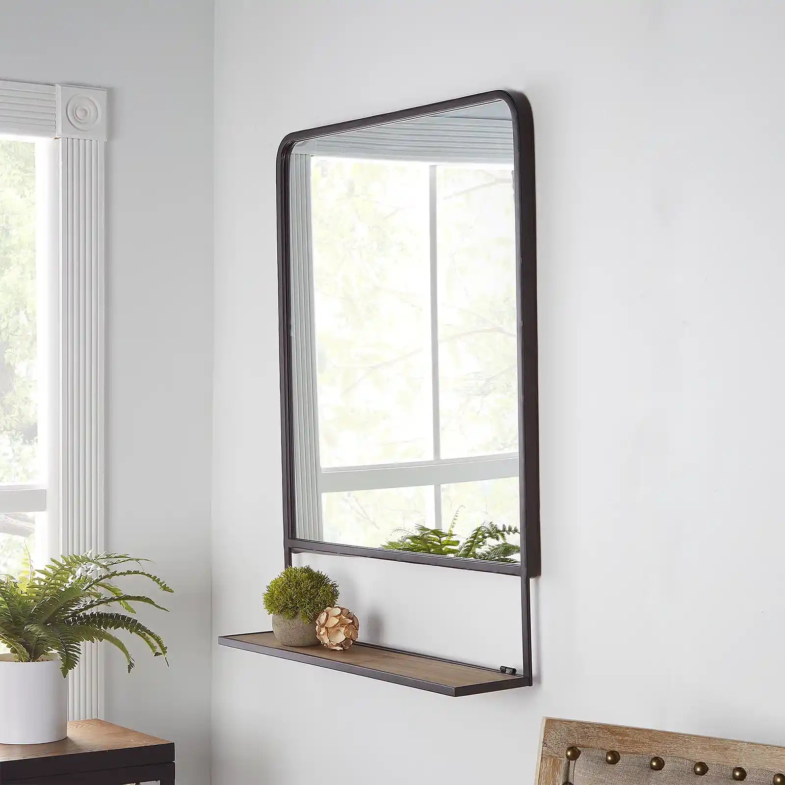 Industrial Metal Vanity Wall Mirror with Foldable Wood Shelf