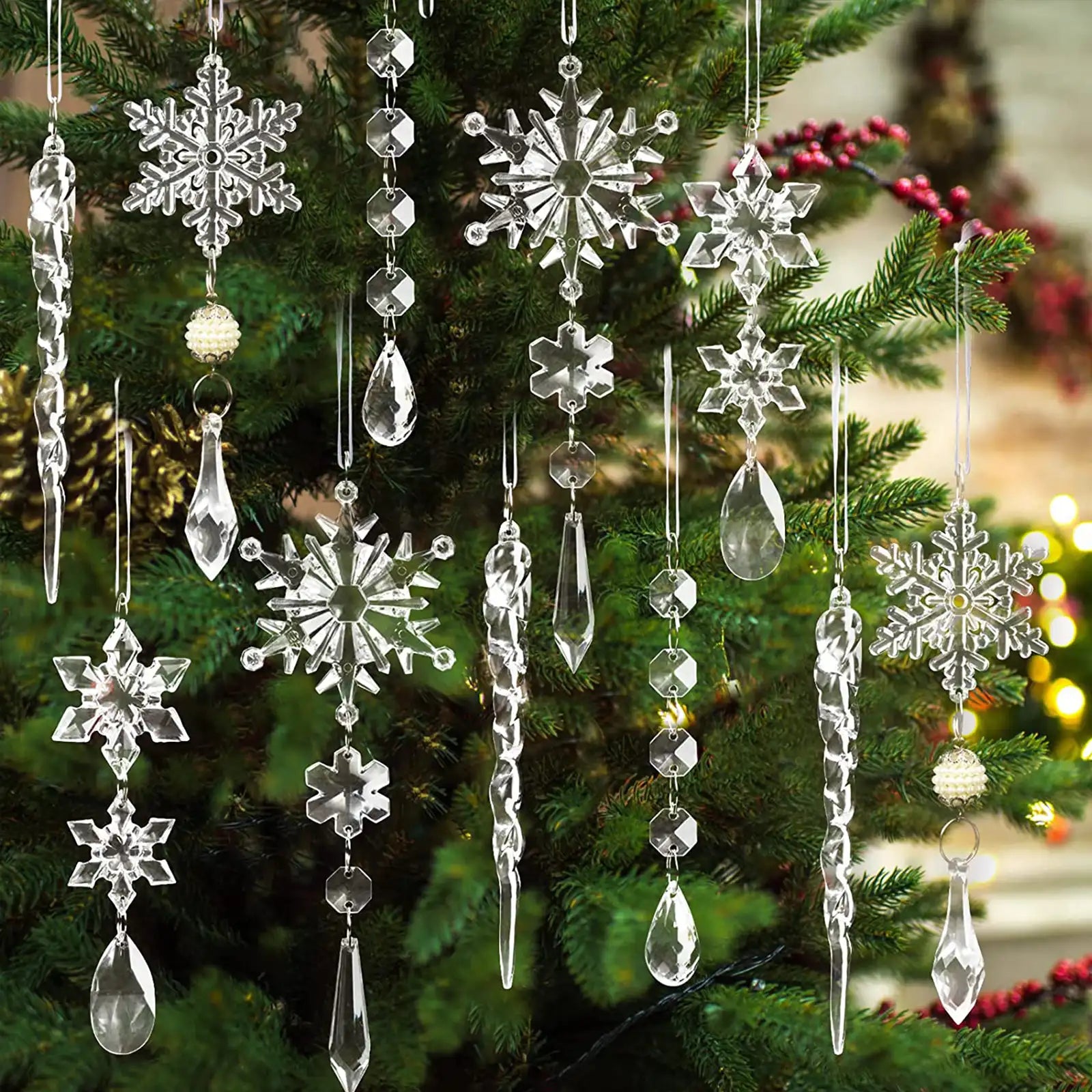 18 Uds. Adornos navideños de cristal para decoraciones para árboles de Navidad, acrílico colgante 