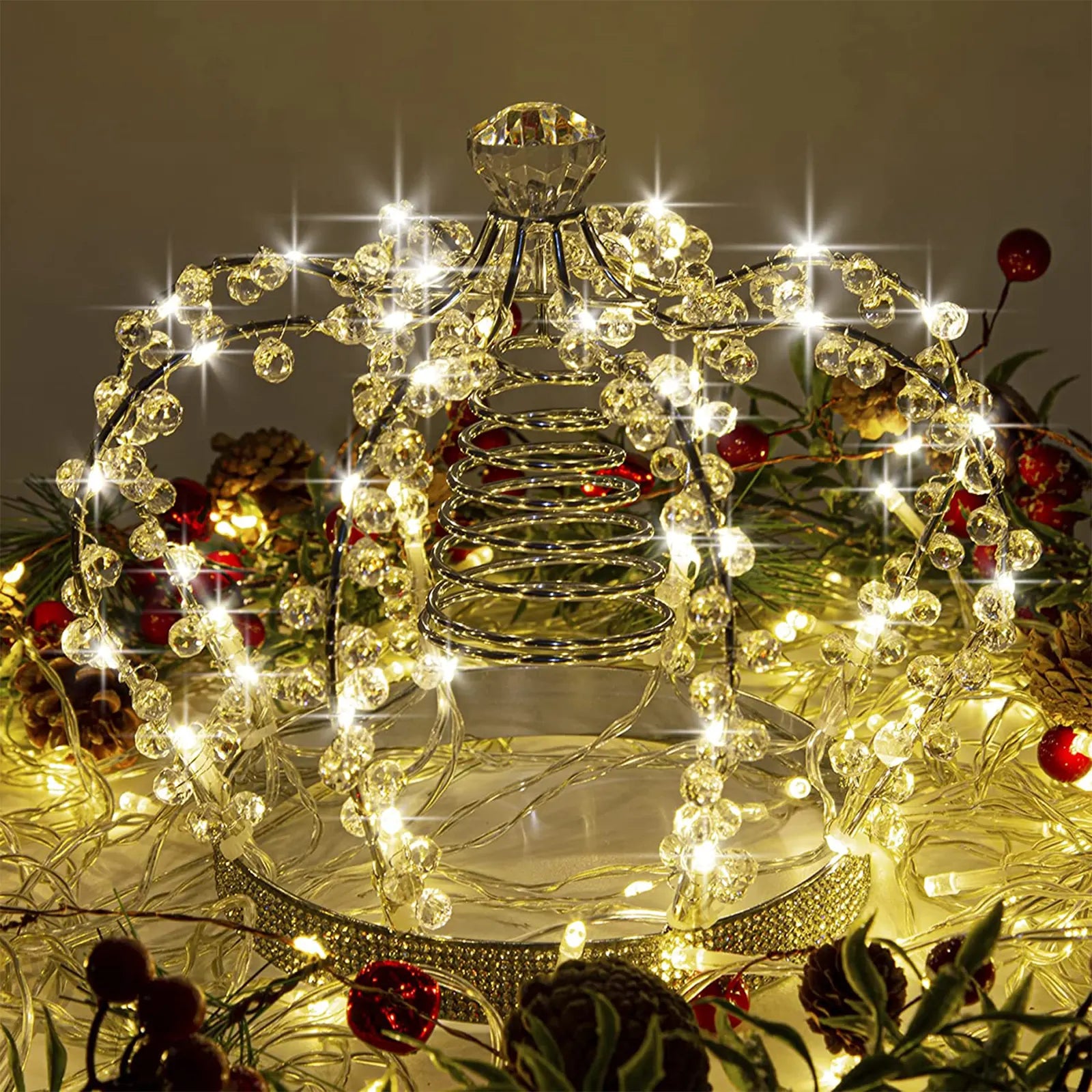 Christmas Tree Topper Star Jeweled Crown Tree Topper with 60 Warm White LED and 8 Light Strip