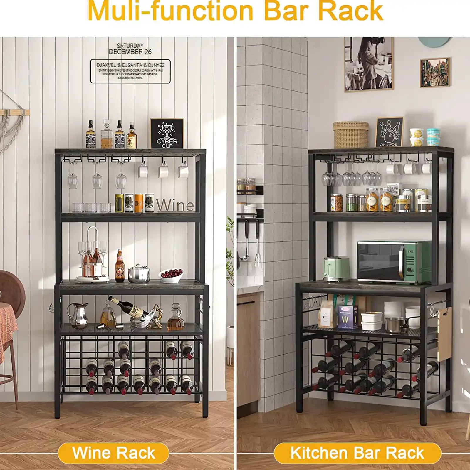 FreeStanding Wine Bar Rack, Wine Coffee Bar Cabinet with Glass Bottle Holder