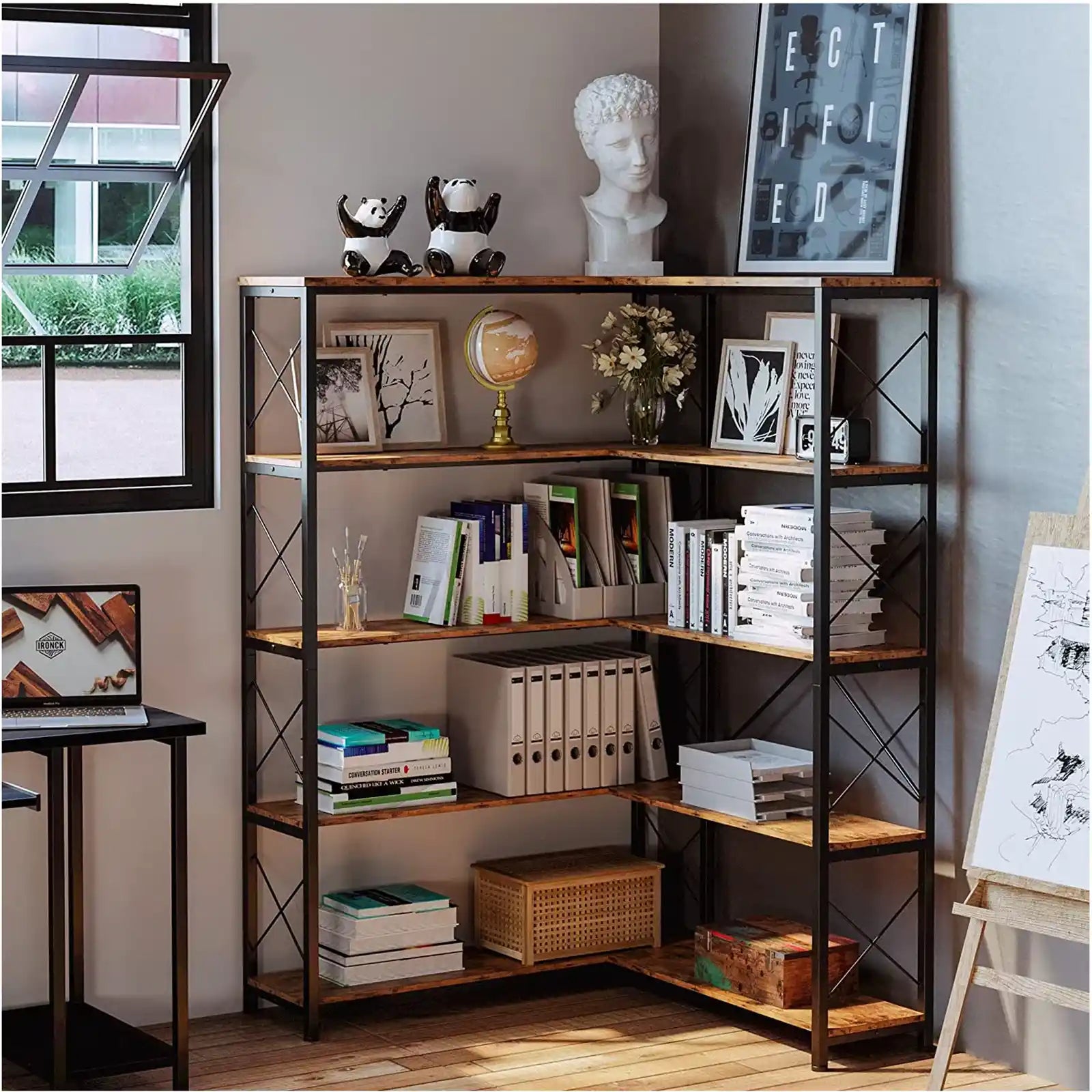Bookshelves Industrial Corner Etagere Bookcase L Shaped Shelf 5 Tier