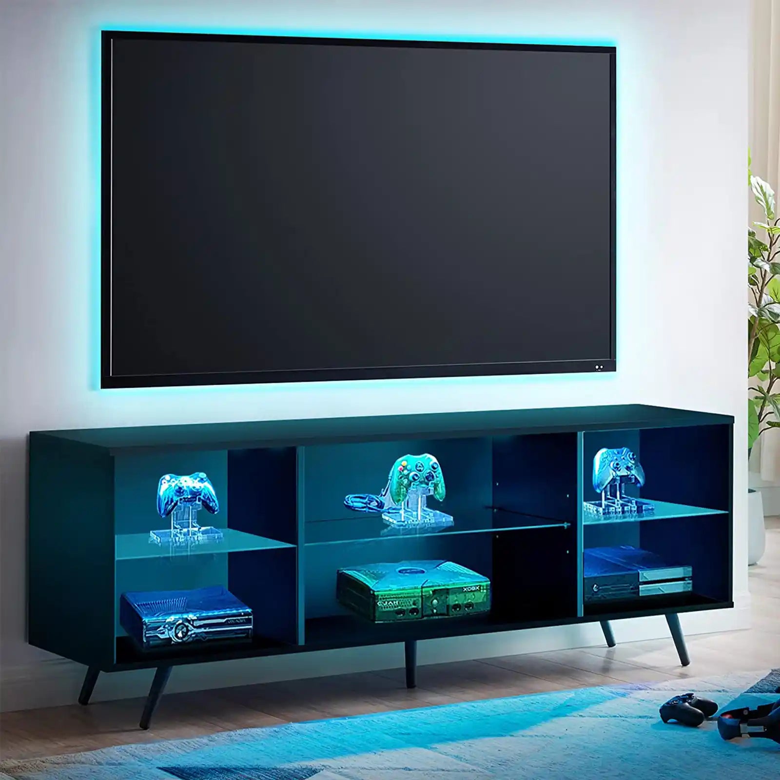 Soporte de TV moderno para TV de 75 pulgadas con luces LED, soportes de televisión para consola multimedia de centro de entretenimiento para juegos