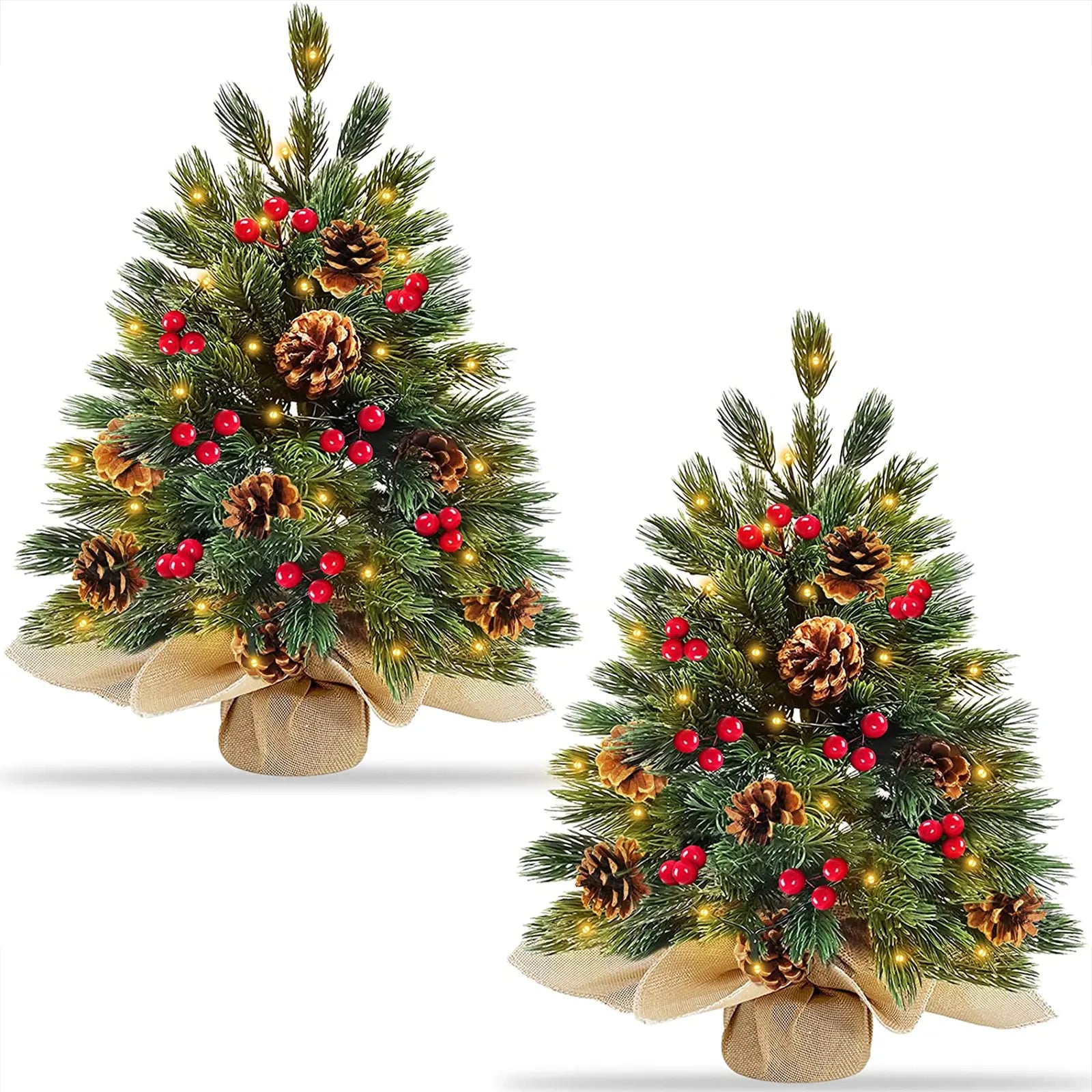 2 Pack 20 Inch Super Thick Prelit Tabletop Christmas Tree Decor