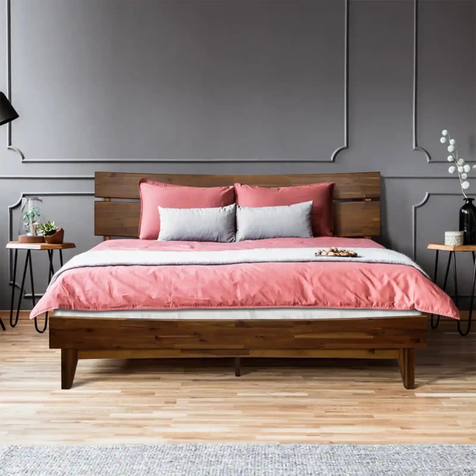 Modern Solid Wood Platform Bed with Headboard