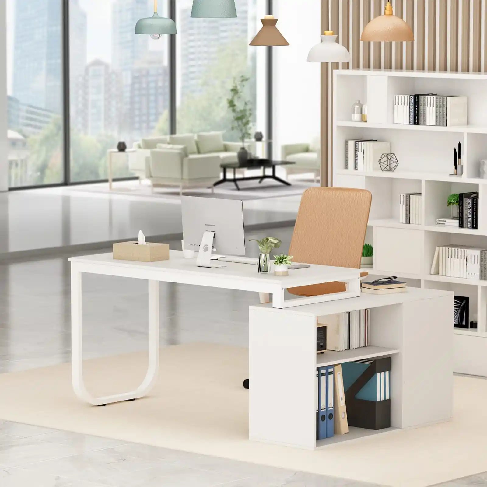 Escritorio minimalista en forma de L para ordenador de oficina en casa con 3 cajones 