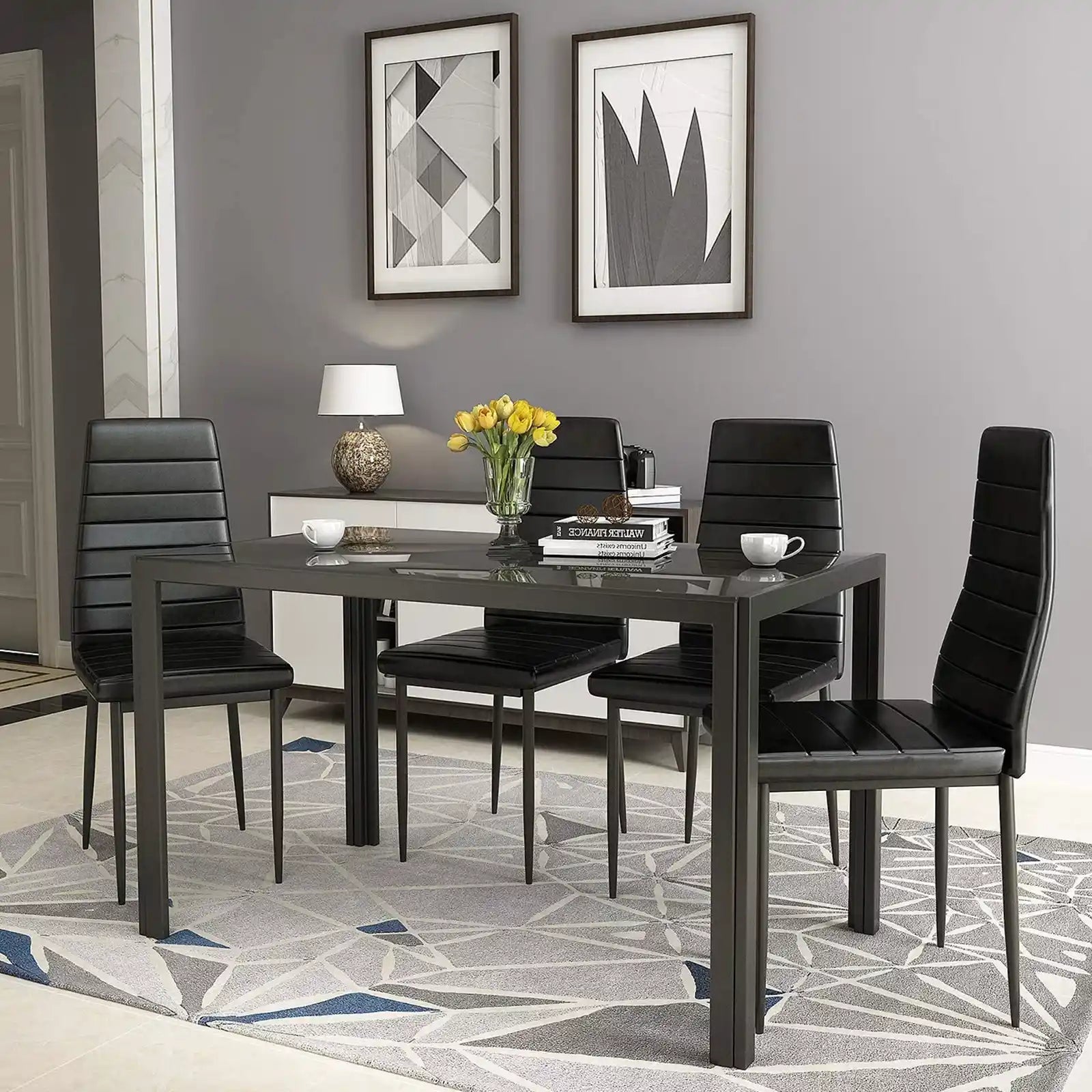Dining Set with Tempered Glass Tabletop and 4 Faux Leather Chairs