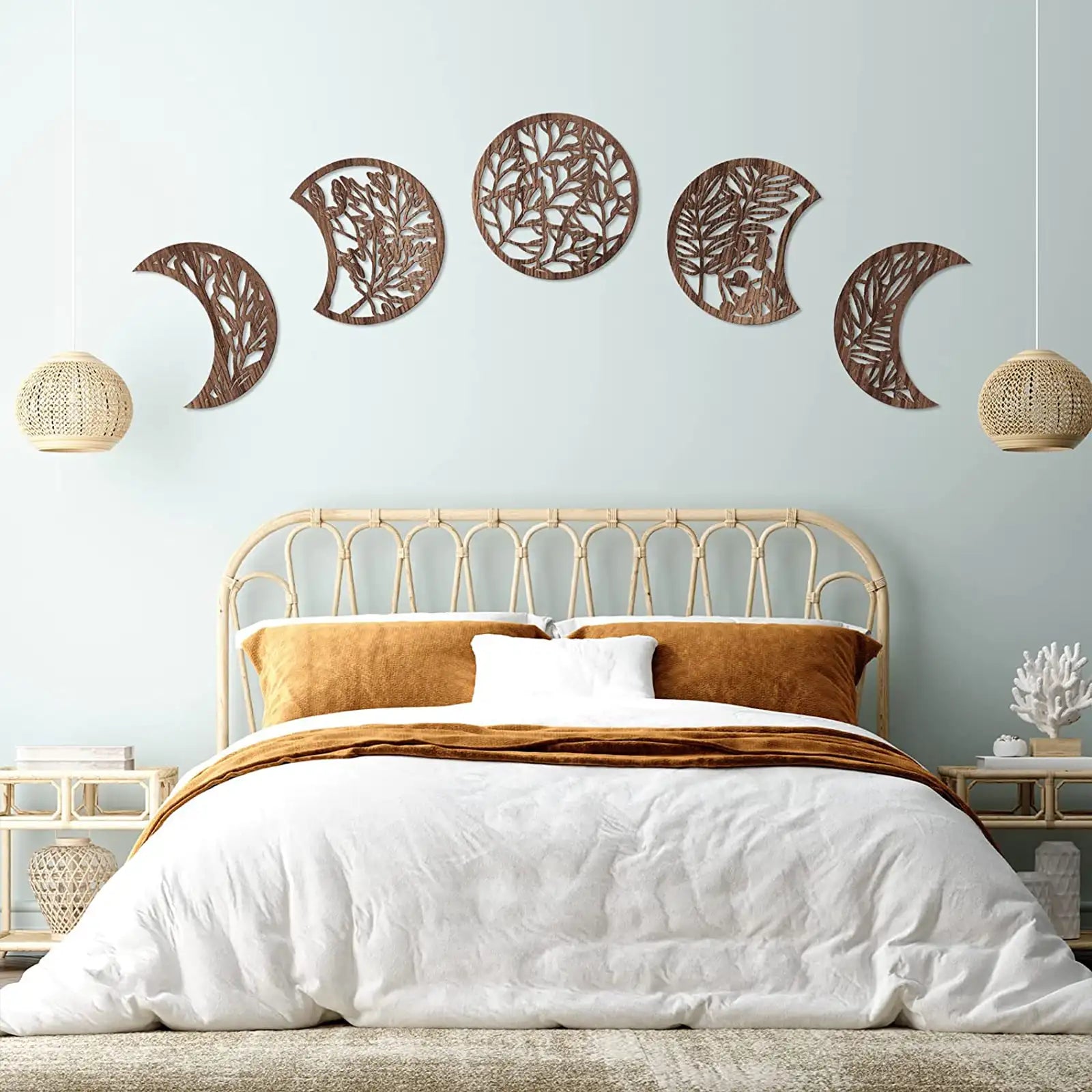 5 Pieces Moon Phase Wall Hanging Decor Wooden Moon Wall Art Decor Nordic Moon Phases Wall Art Boho Decorative Moon Decor for Room Bar Ornament