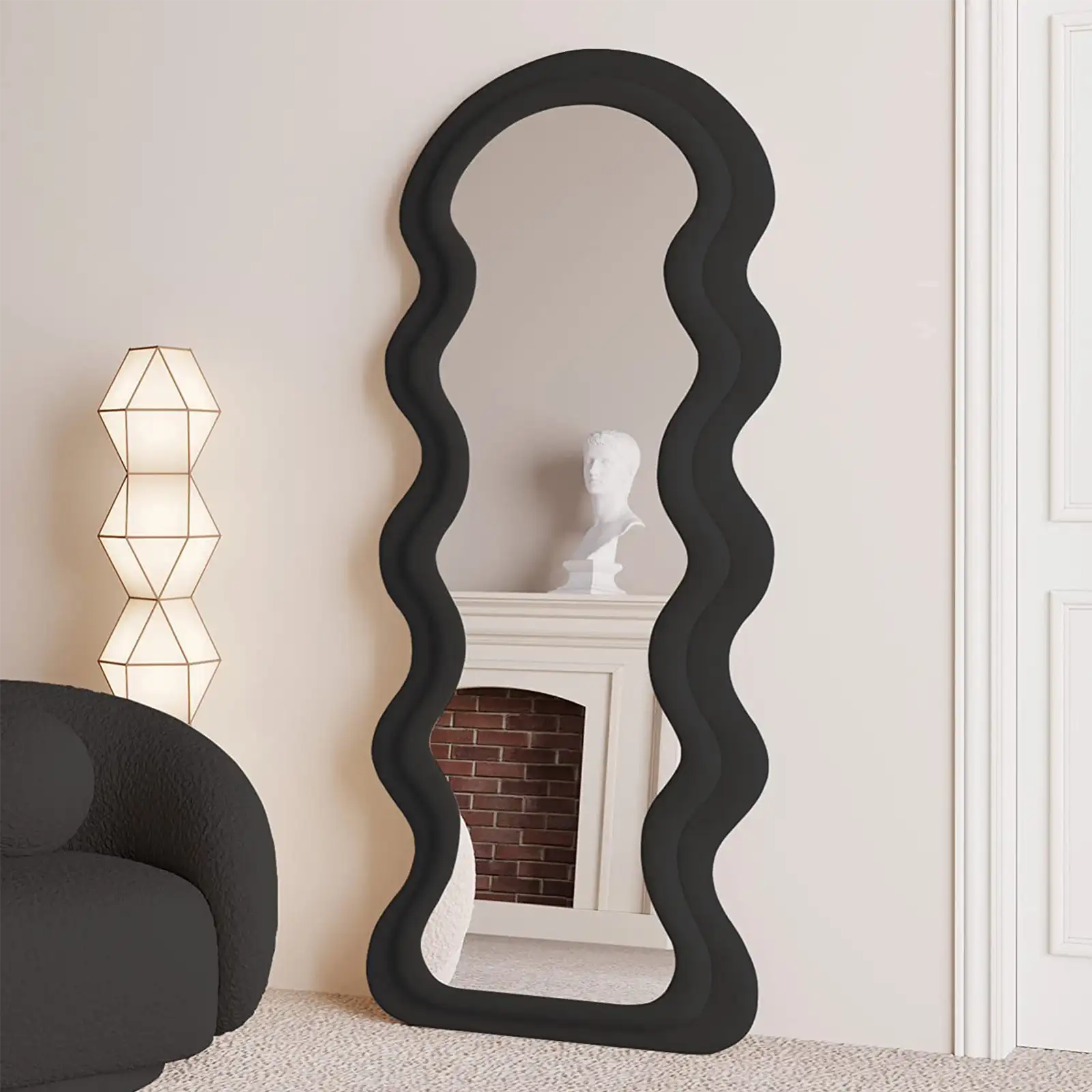 Irregular Wavy Mirror Full Length Mirror,Wave Floor Mirror, Wall Mirror  Standing Hanging or Leaning Against Wall for Bedroom, Flannel Wrapped  Wooden