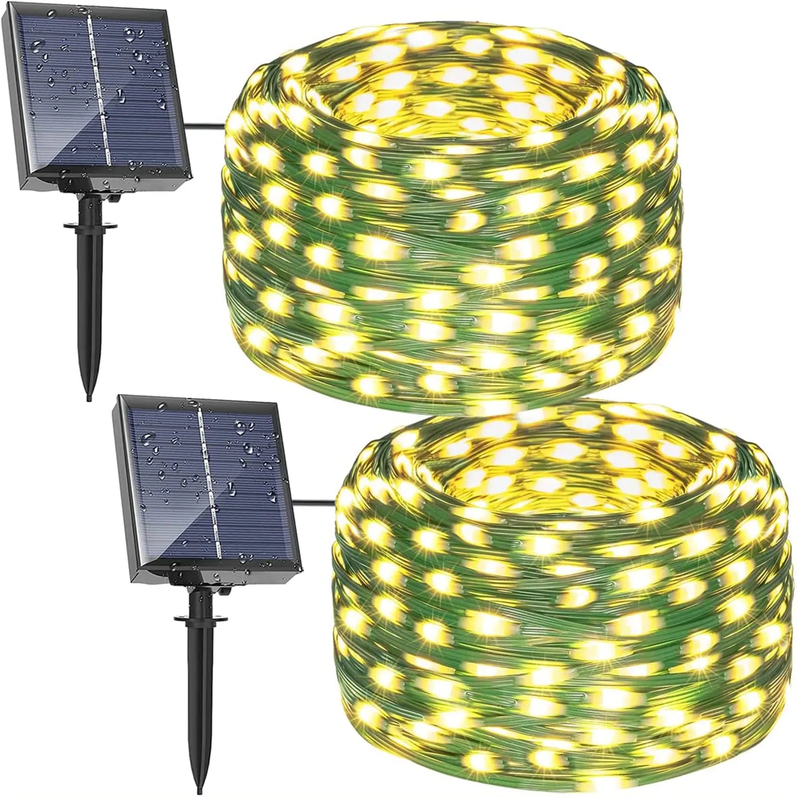 Paquete de 2 luces solares para exteriores, 200 LED/75 pies IP67 impermeables 8 modos de iluminación 