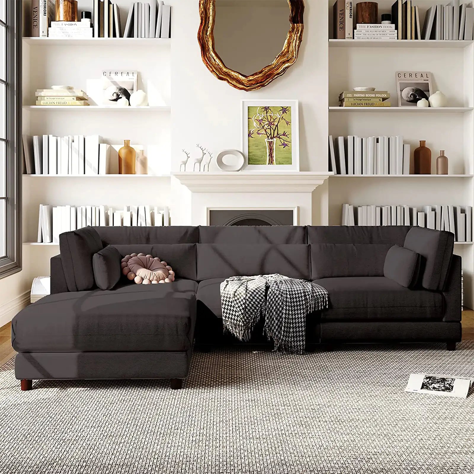Upholstered Sectional Sofa Sets with Removable Ottomans and Waist Pillows