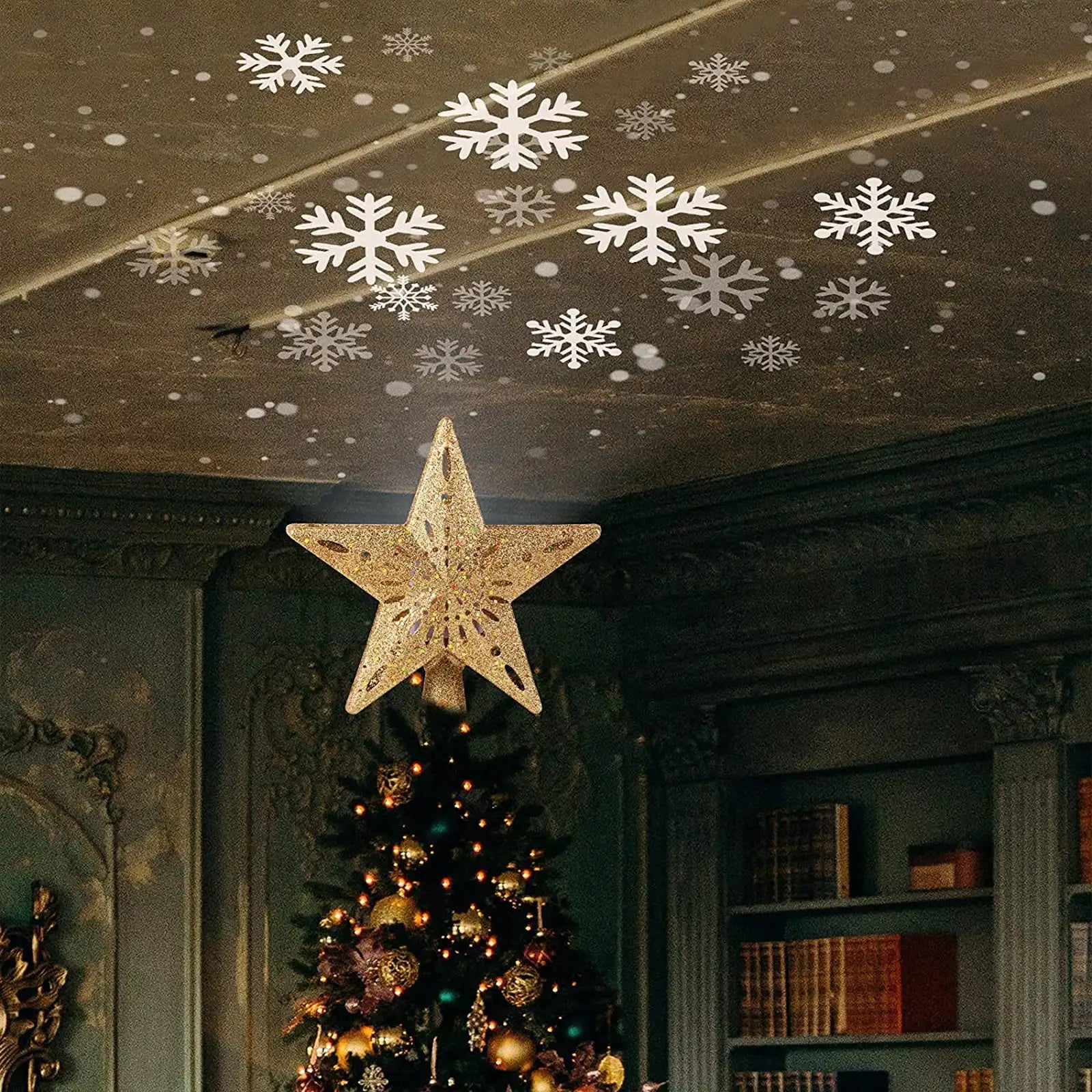 Adorno para árbol de Navidad con forma de estrella y luces LED integradas para proyector de copos de nieve 