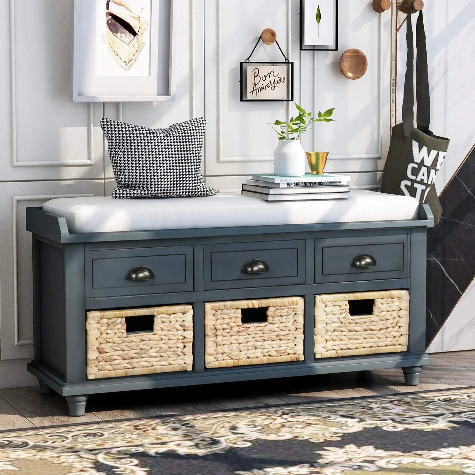 Wood Storage Bench Homes Collection with 3 Removable Rattan Baskets and 3 Drawers