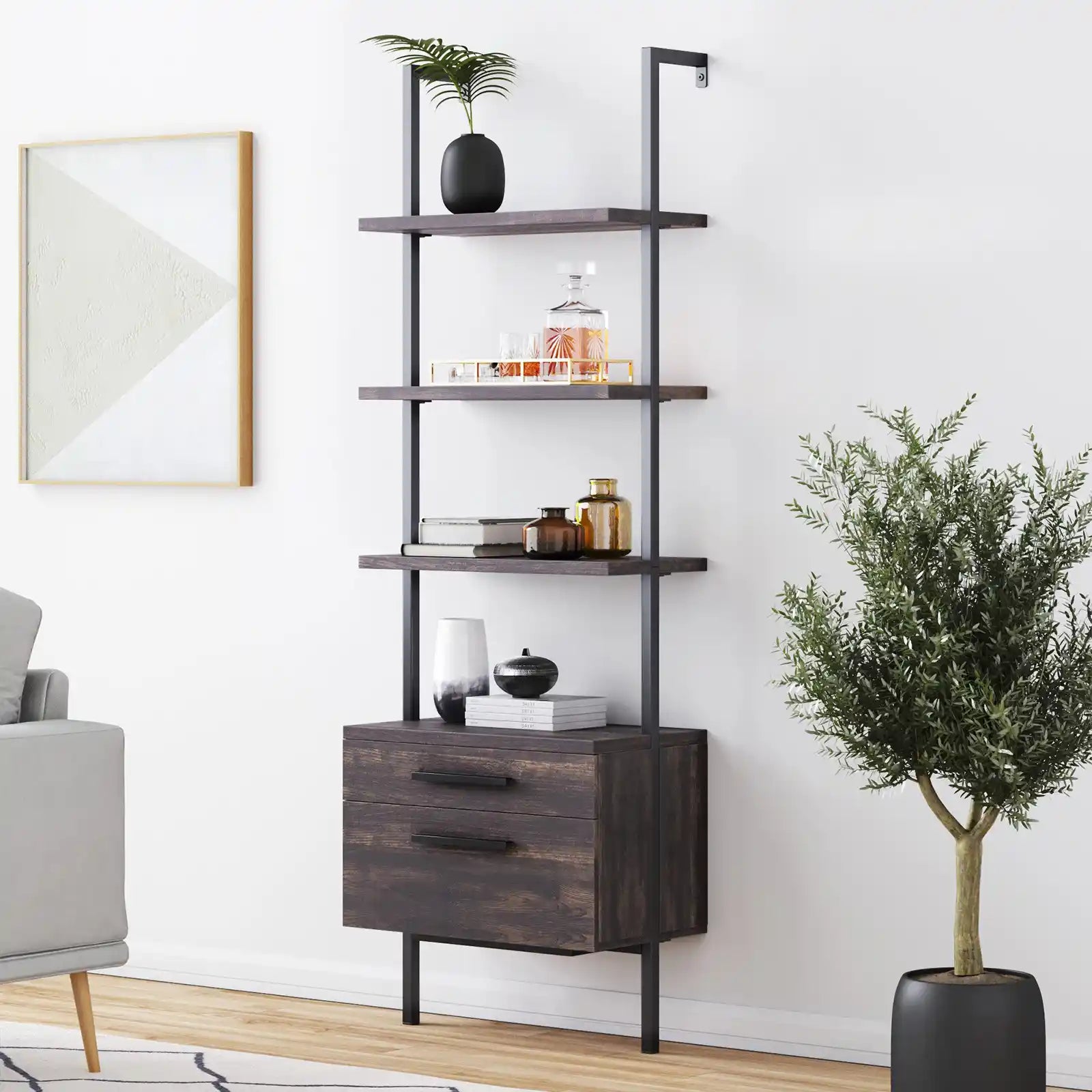 Modern Design Open Shelf Industrial Bookcase with Drawers