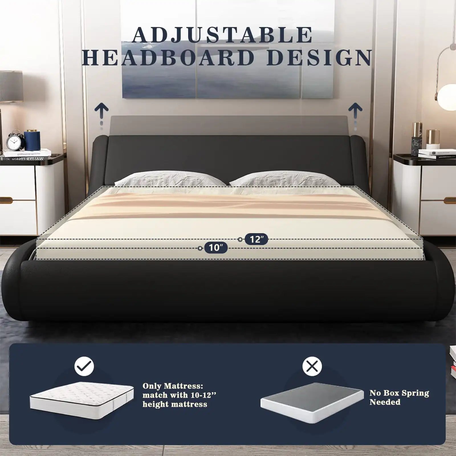 Modern Platform Bed Frame with Curved Adjustable Headboard