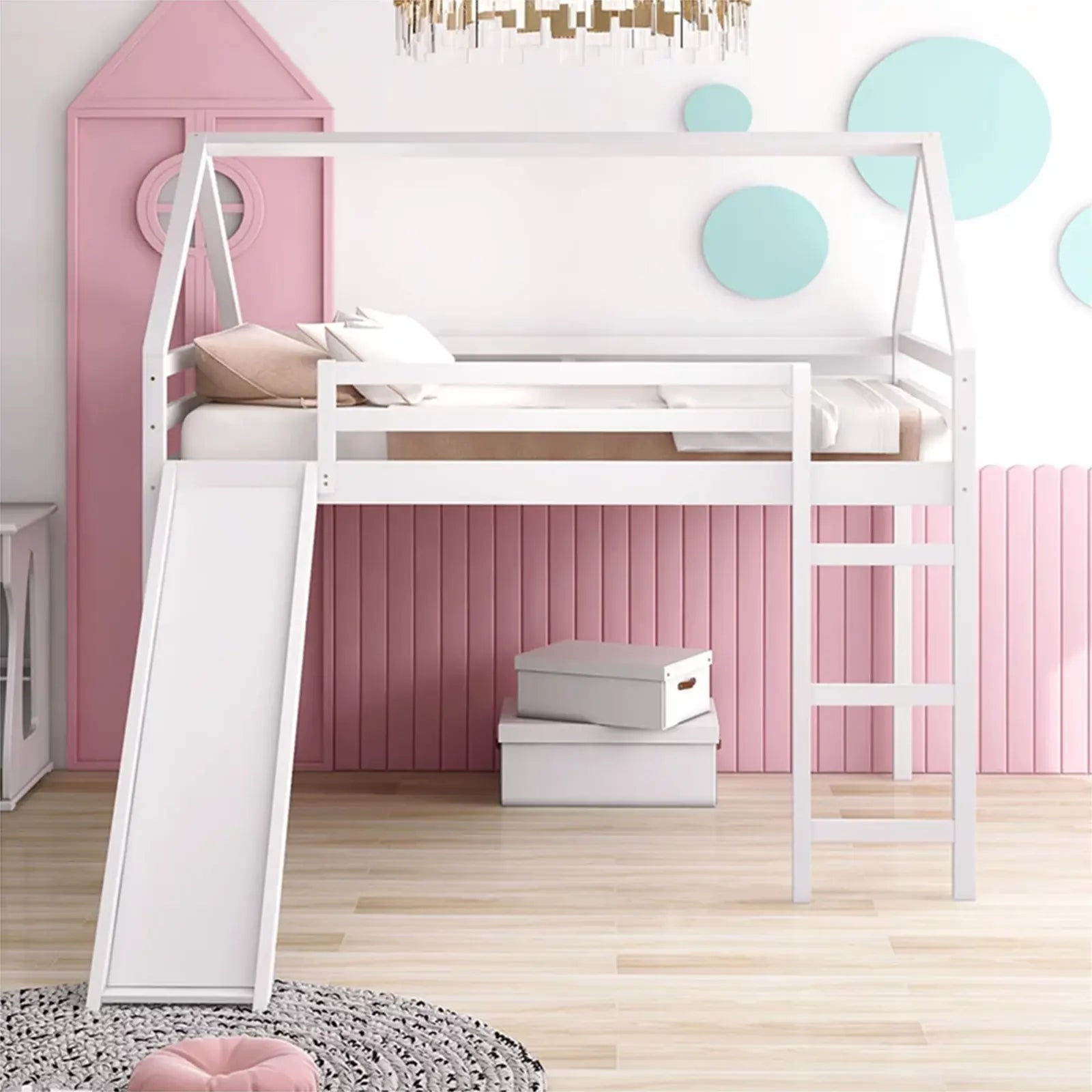 Solid Wood House Loft Bed with Ladder and Guardrail