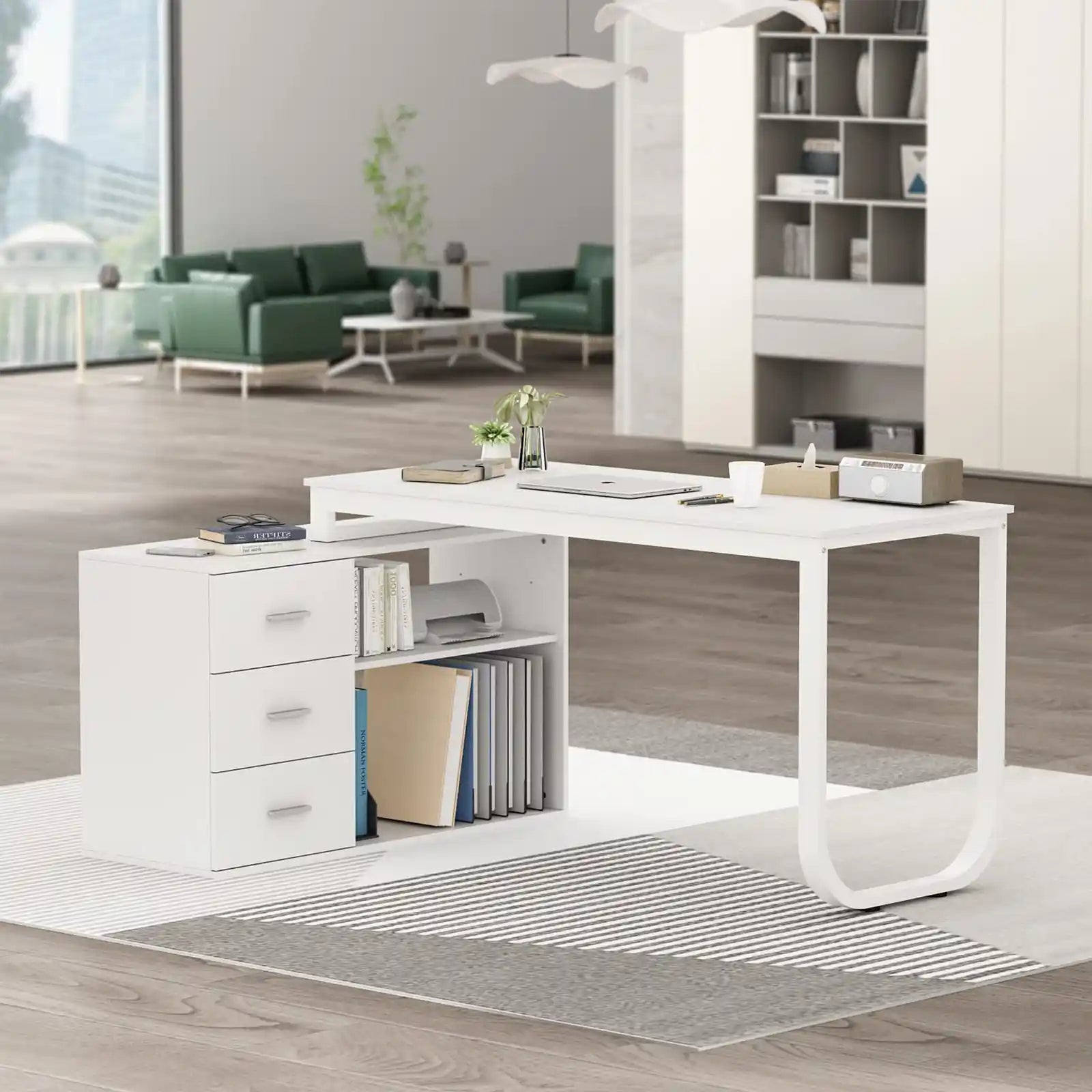 Minimalist Home Office Computer L-Shaped Desk with 3 Drawers
