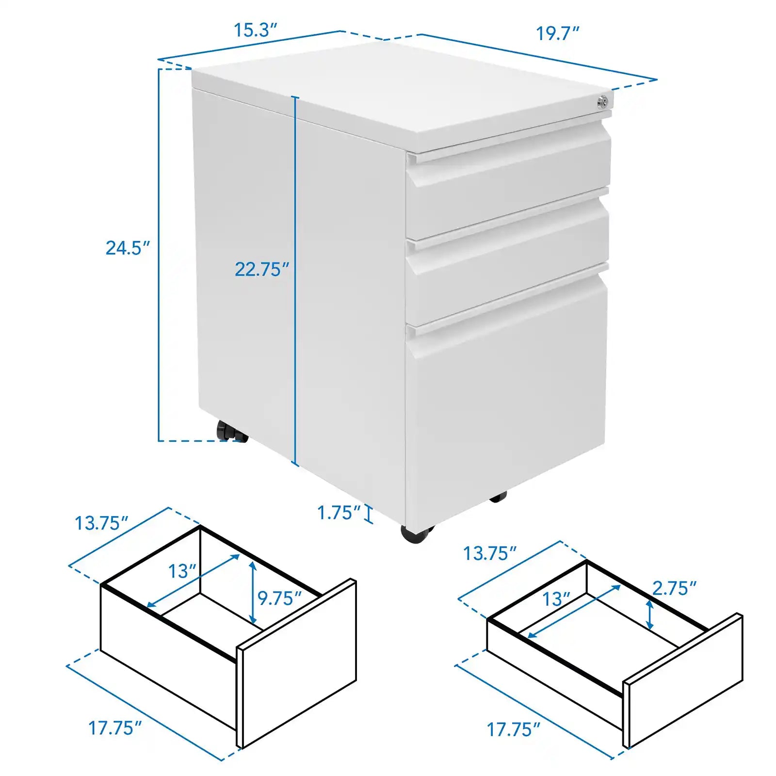 Mobile File Cabinet with 3 Drawers with Lock