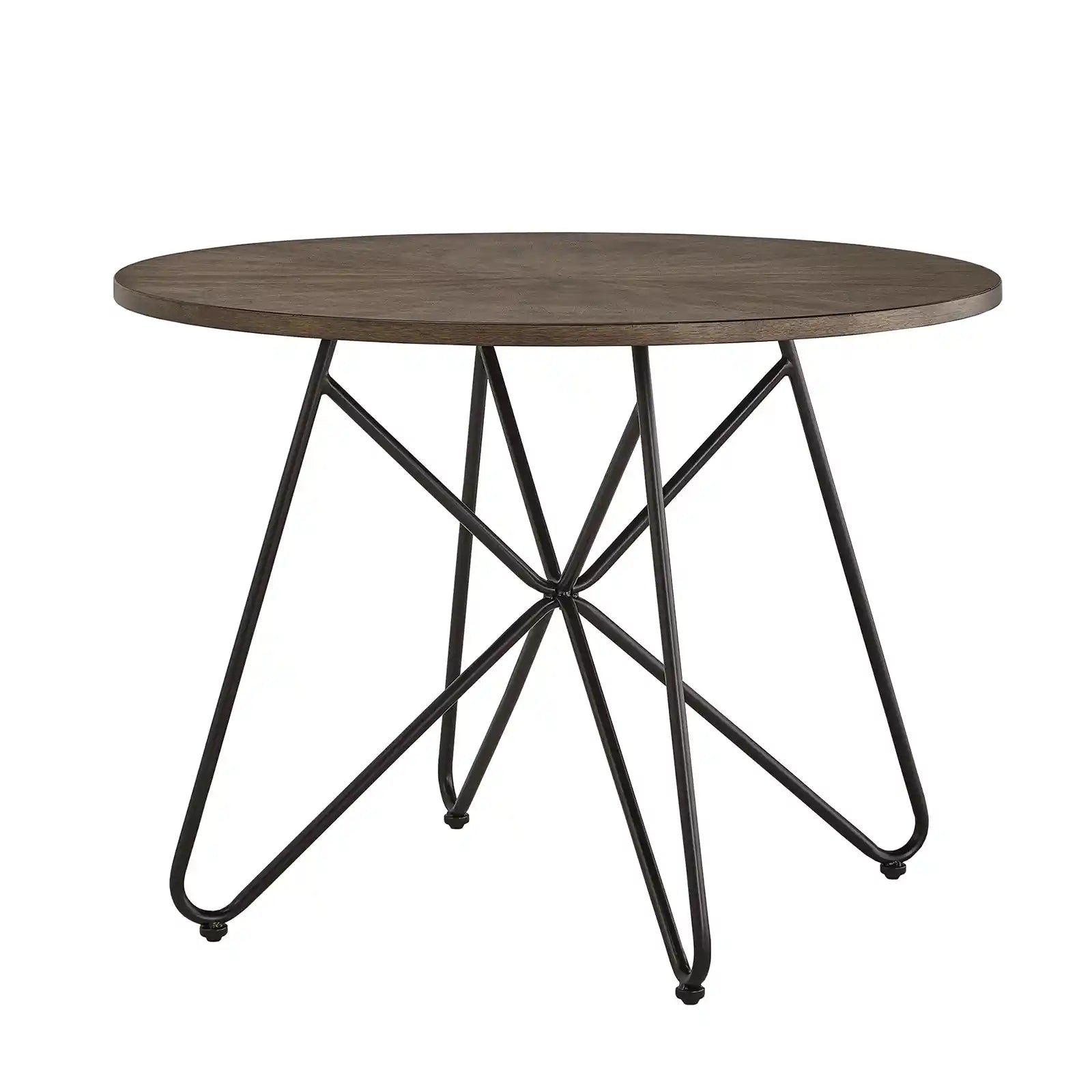Wood 42 inch Round Dining Table with Black Iron Legs, Walnut Finish