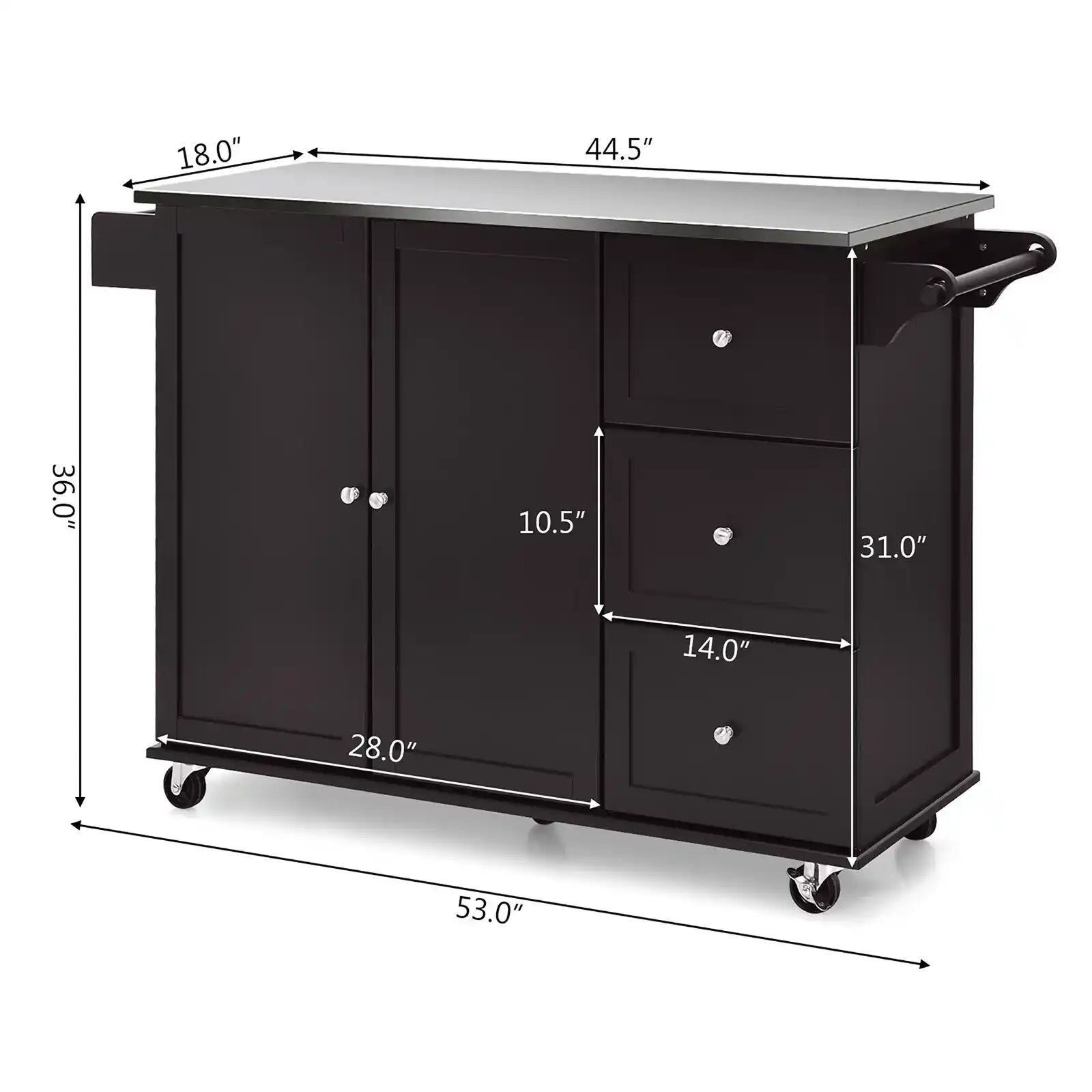 Kitchen Island 2-Door Storage Cabinet Stainless Steel Top with Drawers