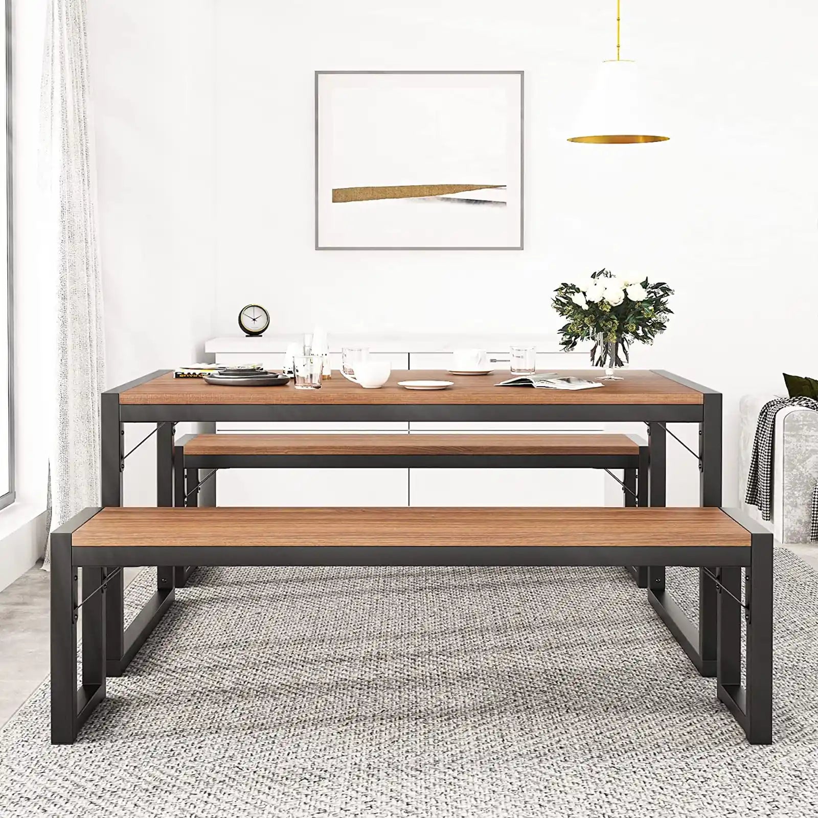 Industrial Table with 2 Benches , Sturdy Structure / Space-Saving