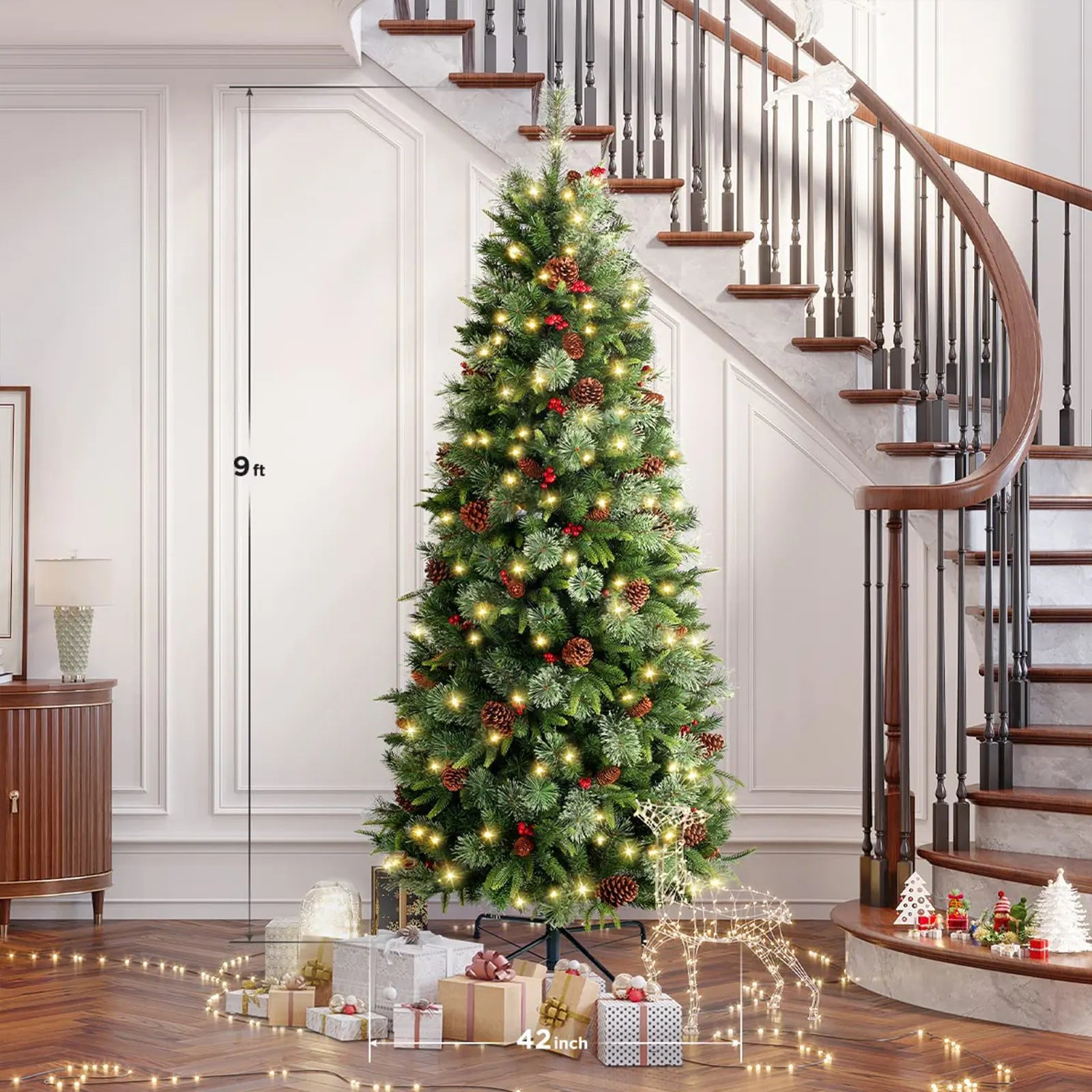 Árbol de Navidad, Árbol de Navidad de 7,5 pies o 9 pies con luz, soporte de metal, cono y bayas 