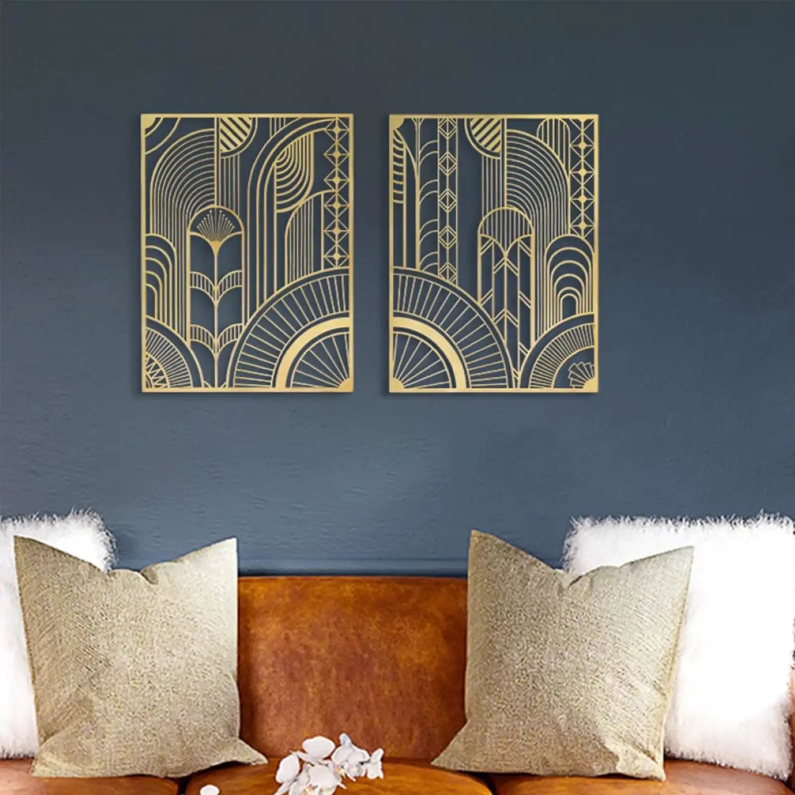 2 piezas de arte de pared de metal dorado, decoración abstracta geométrica para colgar en la pared de mediados de siglo para sala de estar, dormitorio, cocina