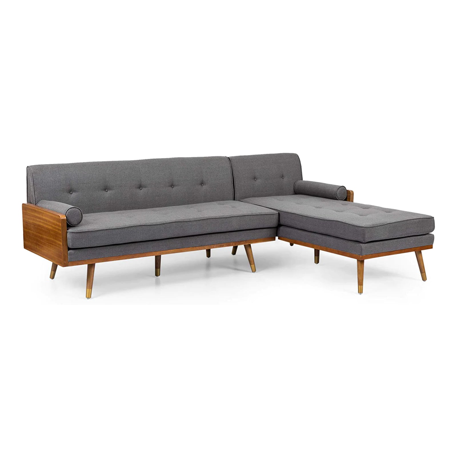 Mid-Century Modern Button Tufted  Lounge Wooden Sectional Sofa