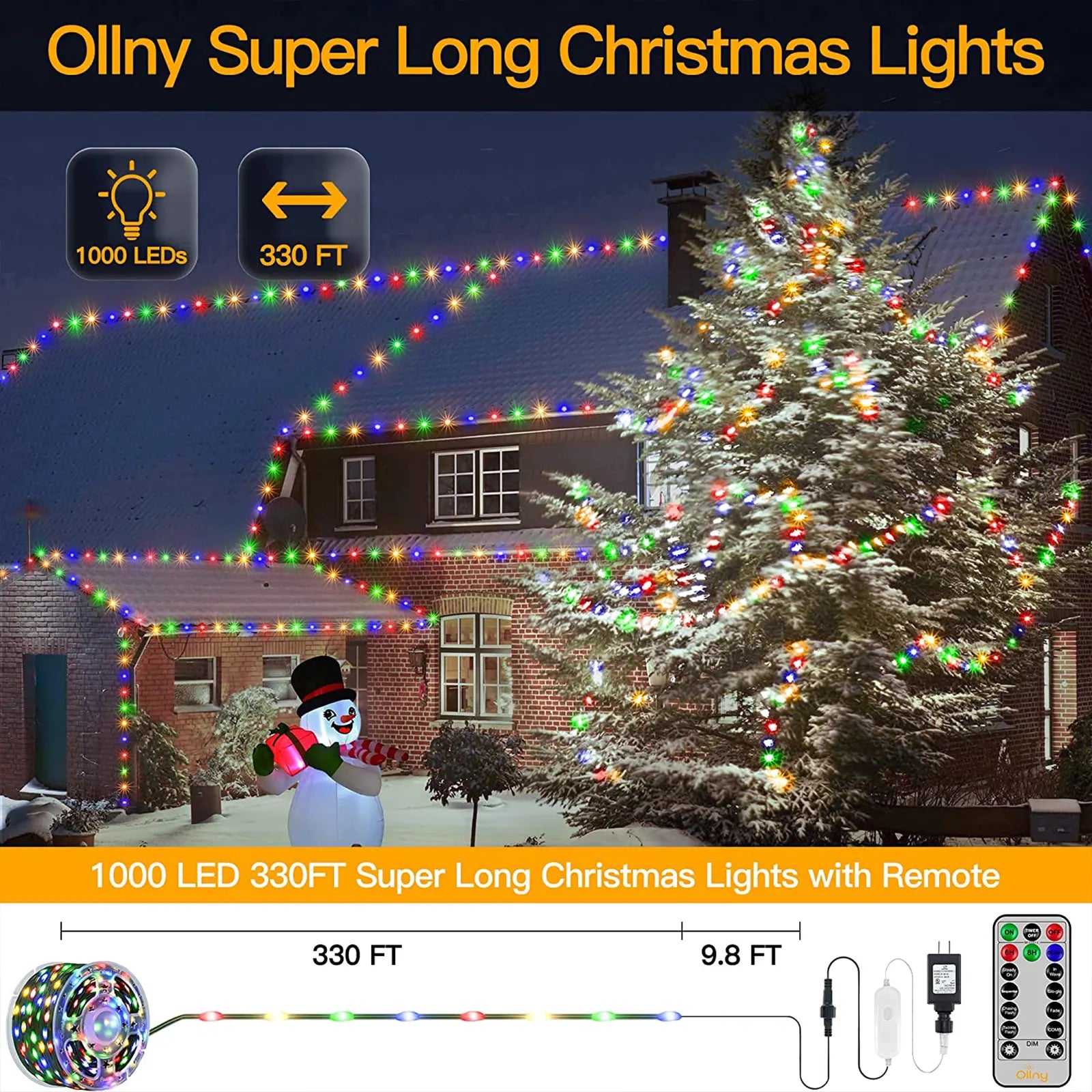 1000 luces LED para árbol de Navidad enchufables a prueba de agua IP67 de 330 pies con control remoto, 8 modos 