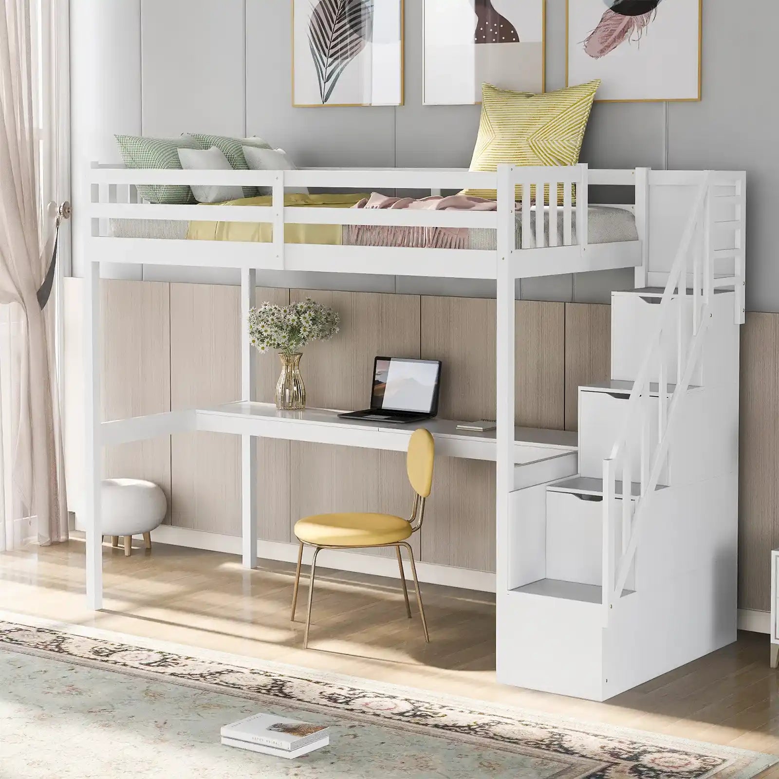 Twin Loft Bed with Storage Staircase and Built-in Desk