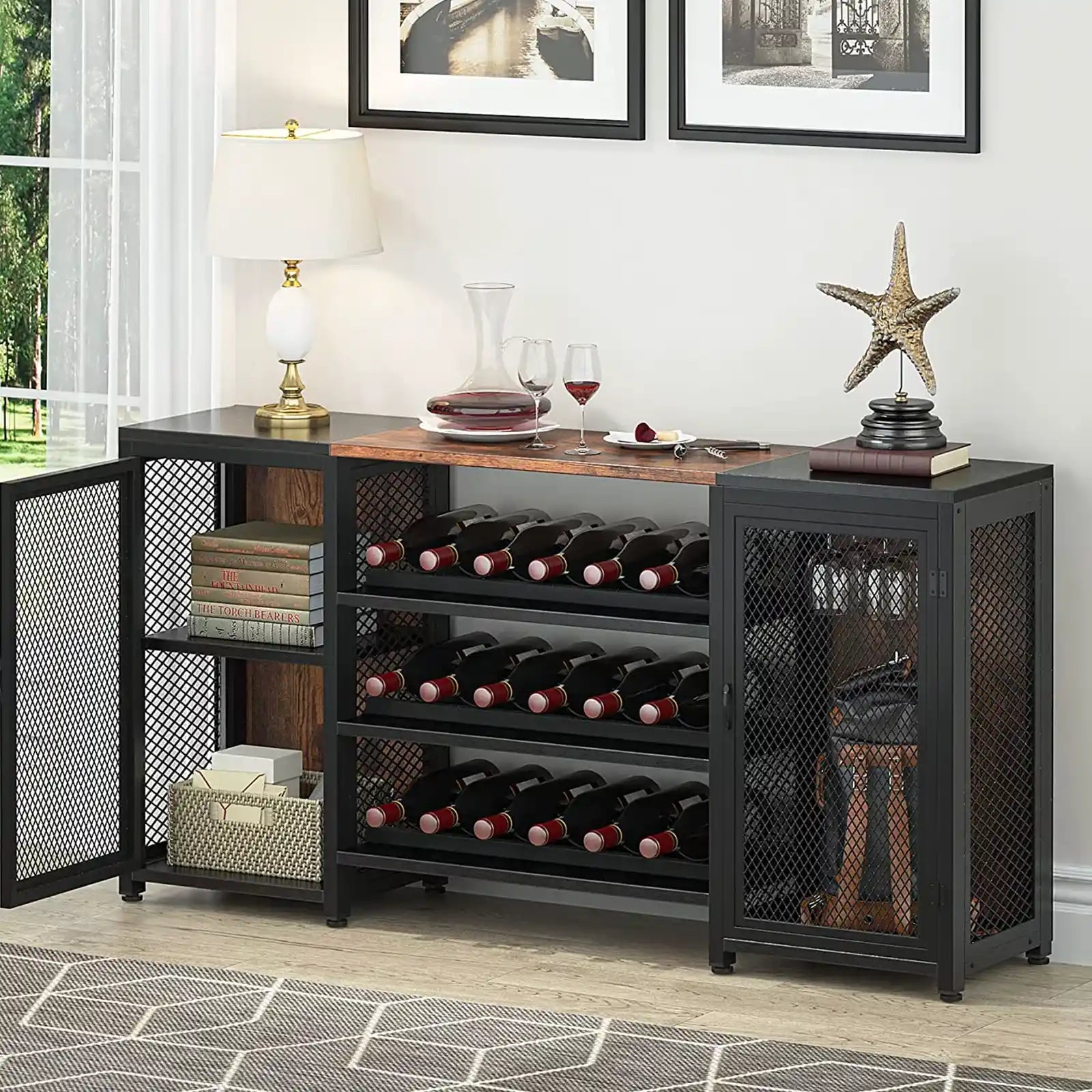 Rustic Wood Bar Cabinet for Liquor and Glasses