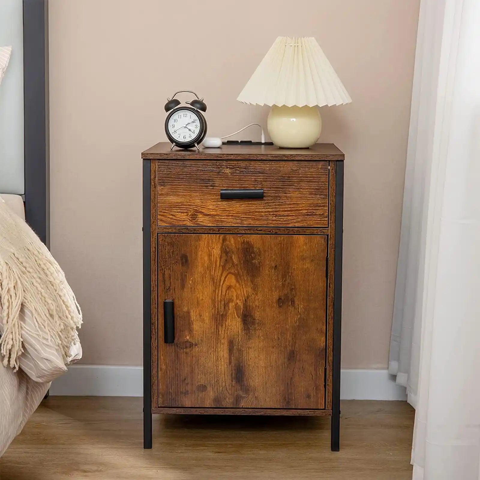 Industrial Nightstand with Charging Station, End Table with Drawer and Cabinet, USB Ports