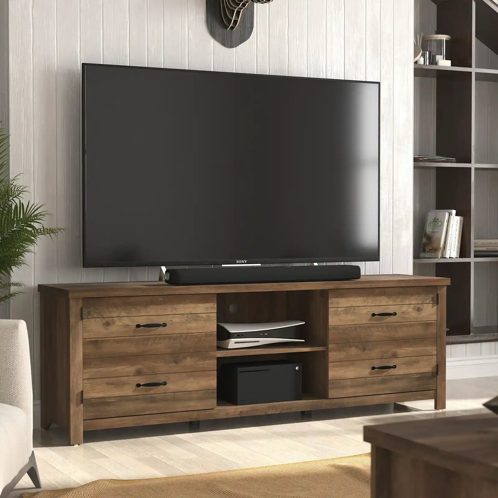 Farmhouse 70” TV Stand with Charging Station for TV’s up to 75”