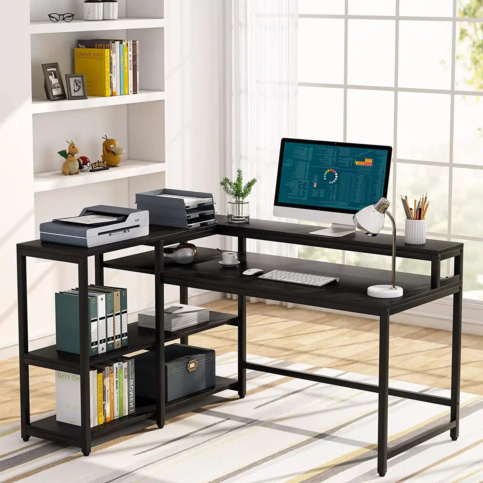 L Shaped Computer Desk with Storage Shelf , 55 Inch Corner Desk