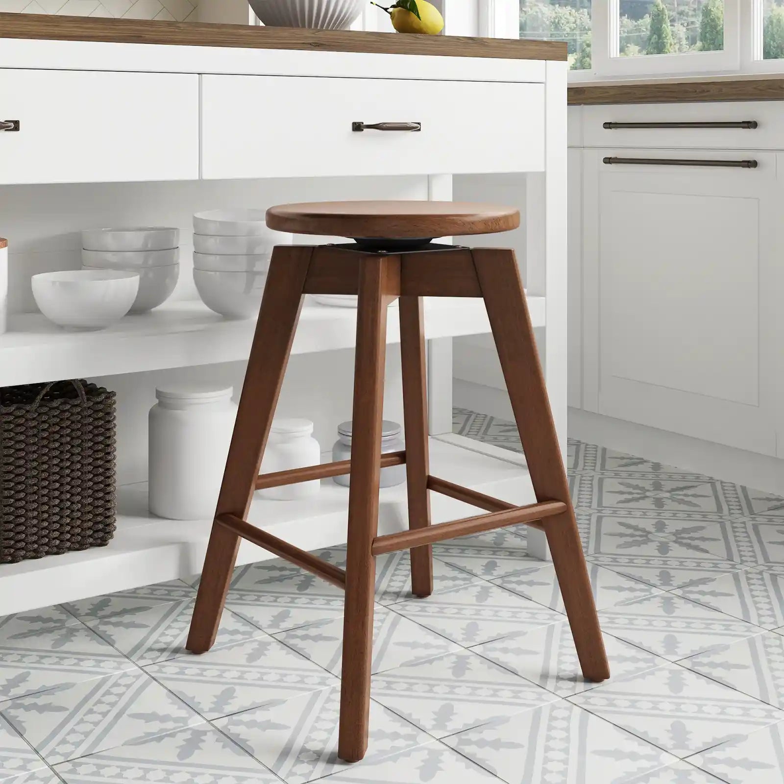 Backless Counter Height 360 Swivel Seat Solid Wood Bar Stool