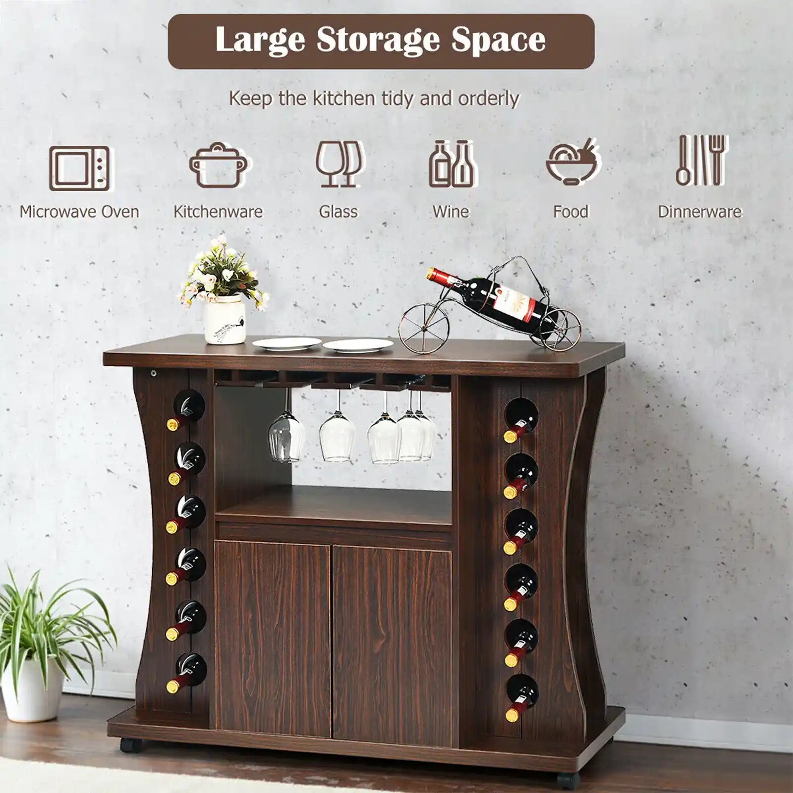 Rolling Buffet Sideboard, Wooden Bar Storage Cabinet