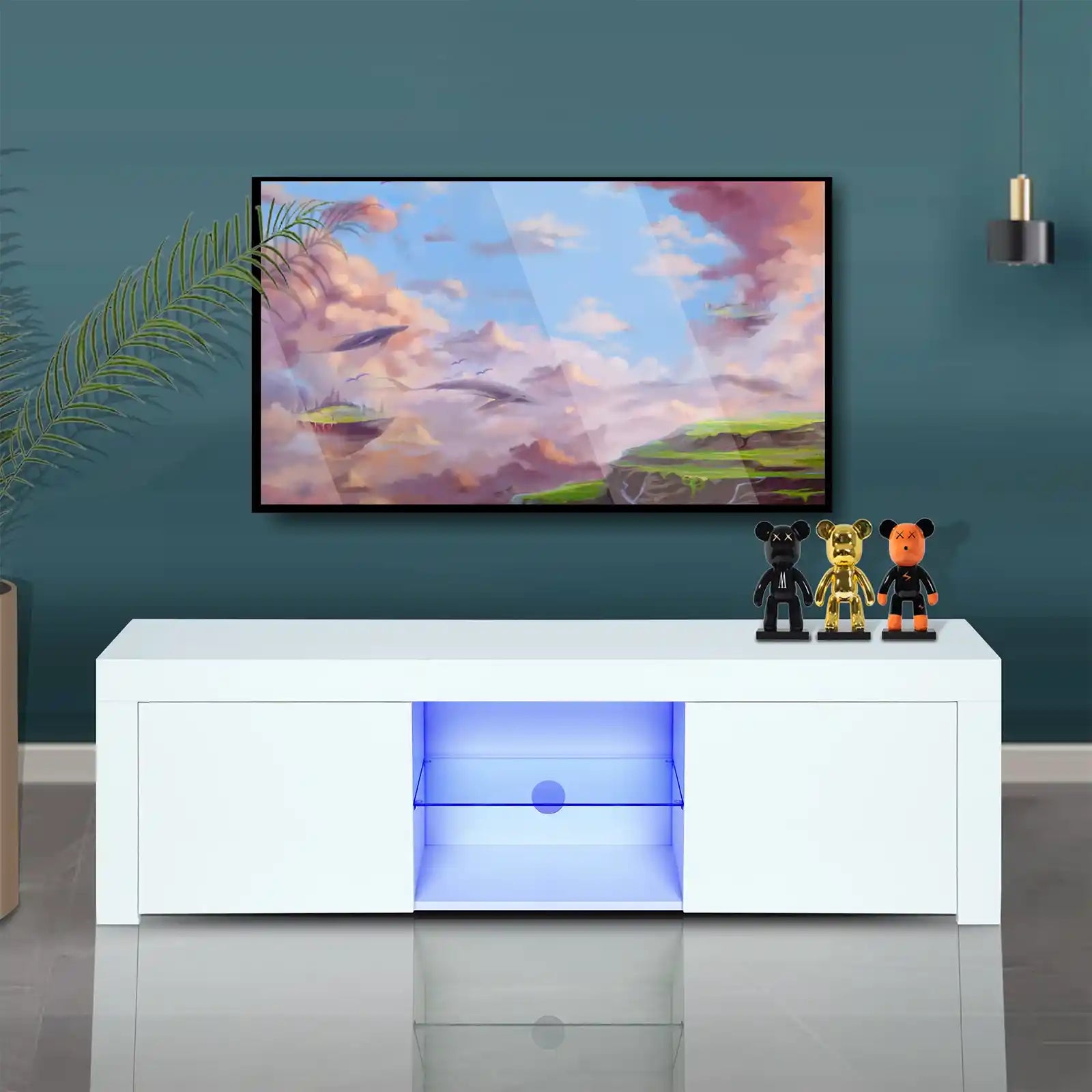 TV Stand with Lights, Black High Glossy TV Cabinet with Storage Drawer and Shelf , Modern Entertainment Center