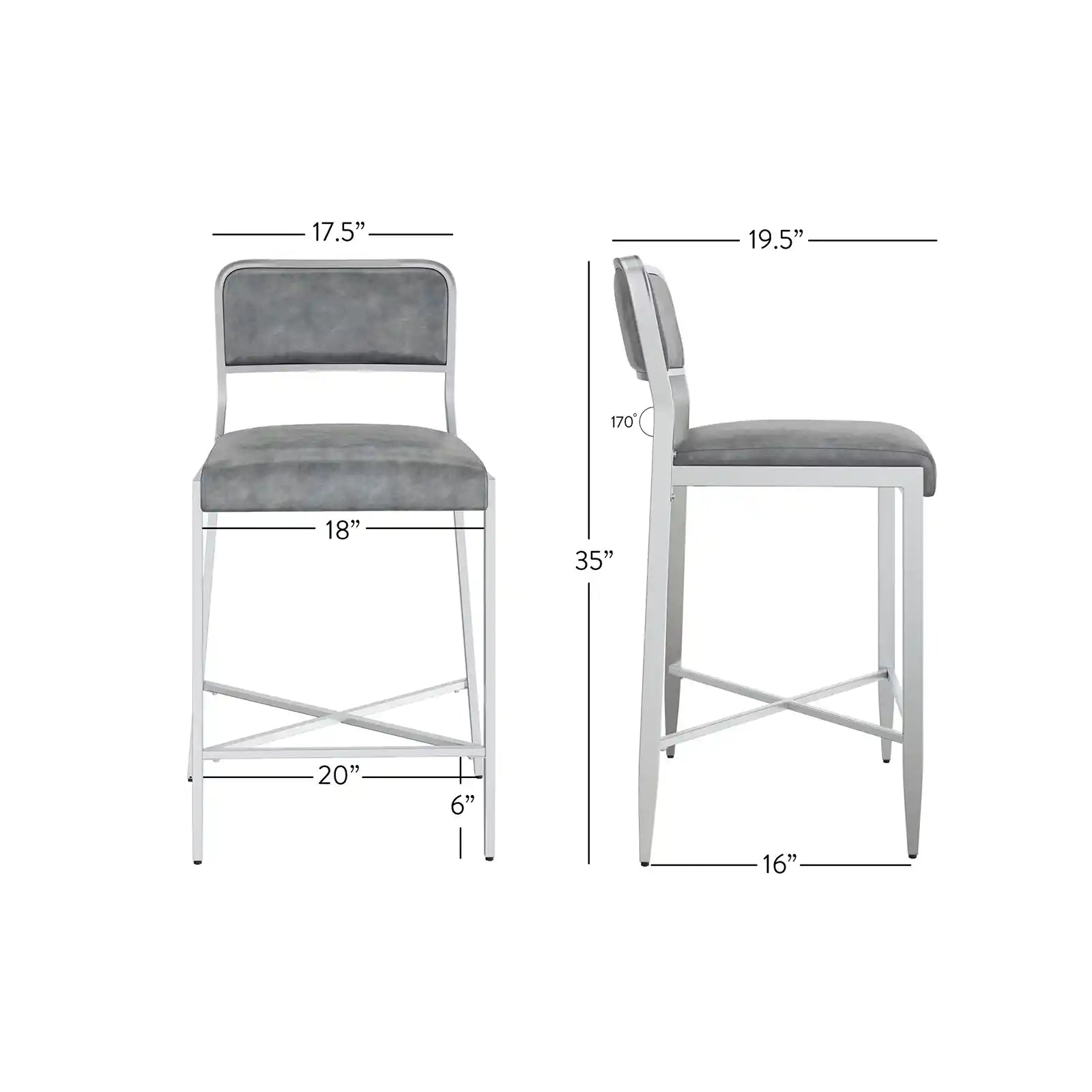 24 Inch Counter Bar Stool Set of 2, Gray Faux Leather Seat Silver Metal Frame