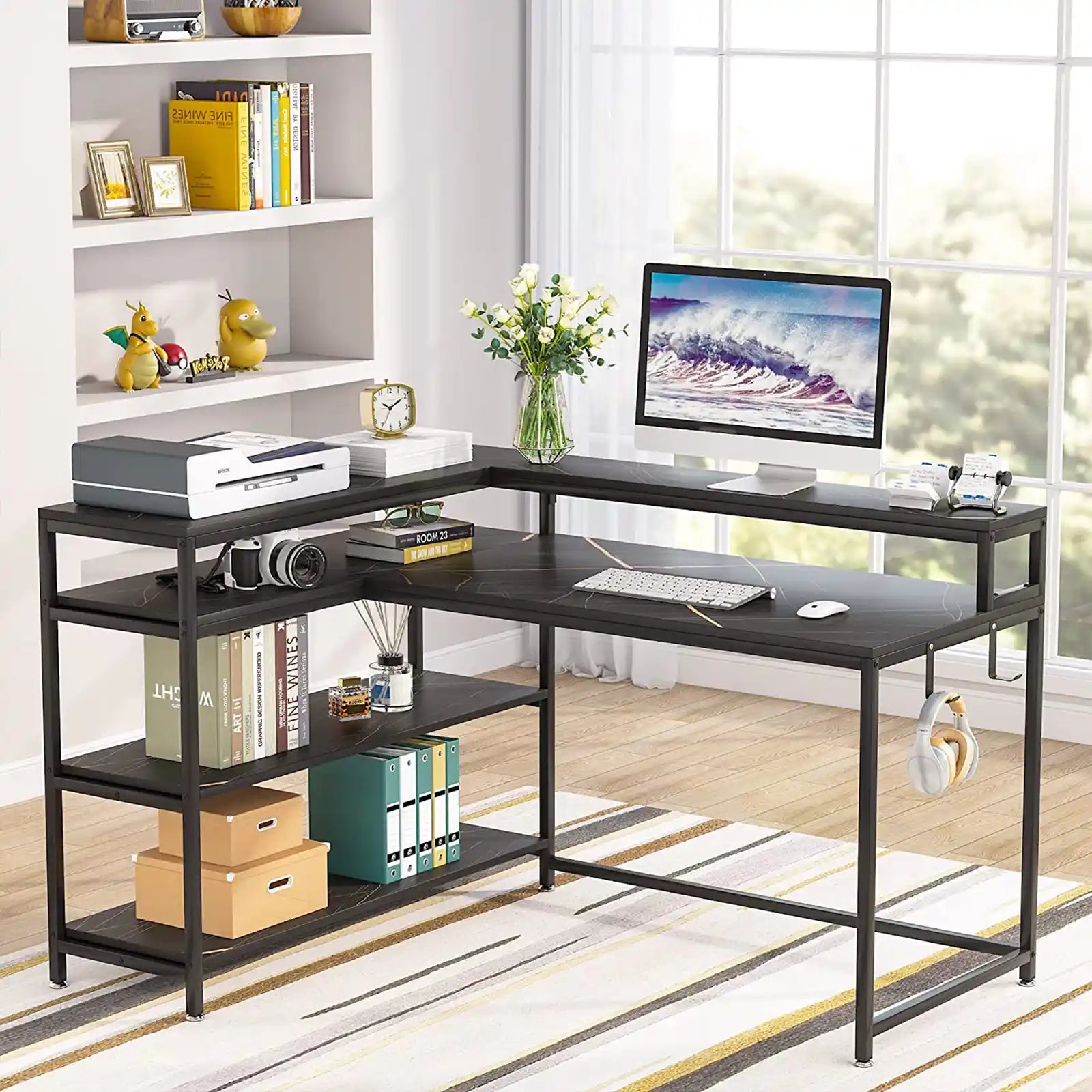 L Shaped Computer Desk with Storage Shelf , 55 Inch Corner Desk