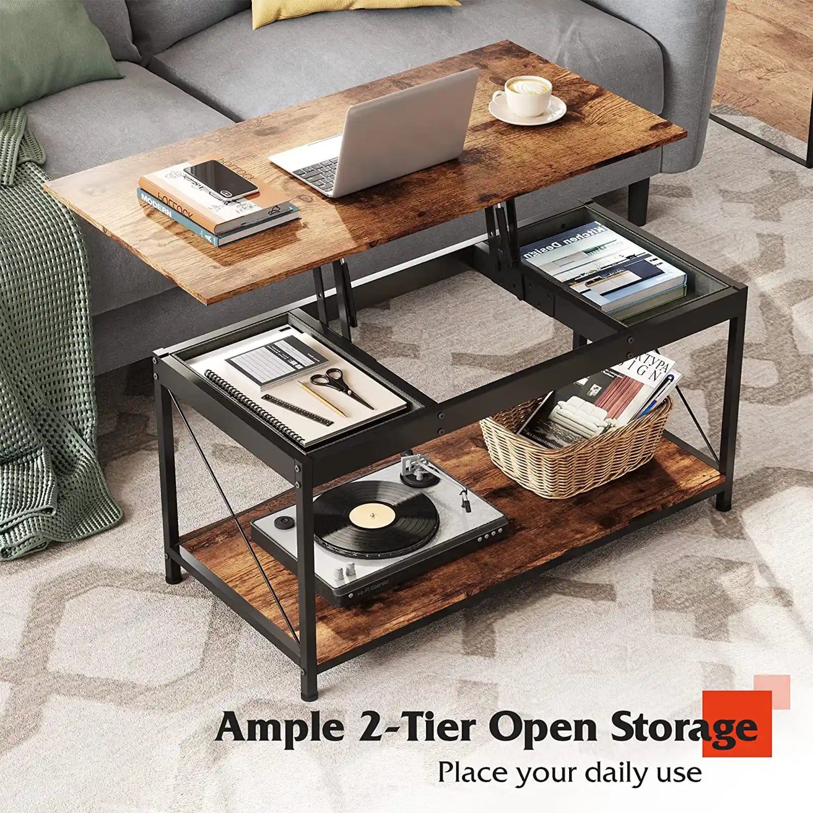 Lift Top Coffee Table with Storage Shelf and 2 Hidden Drawer Compartment