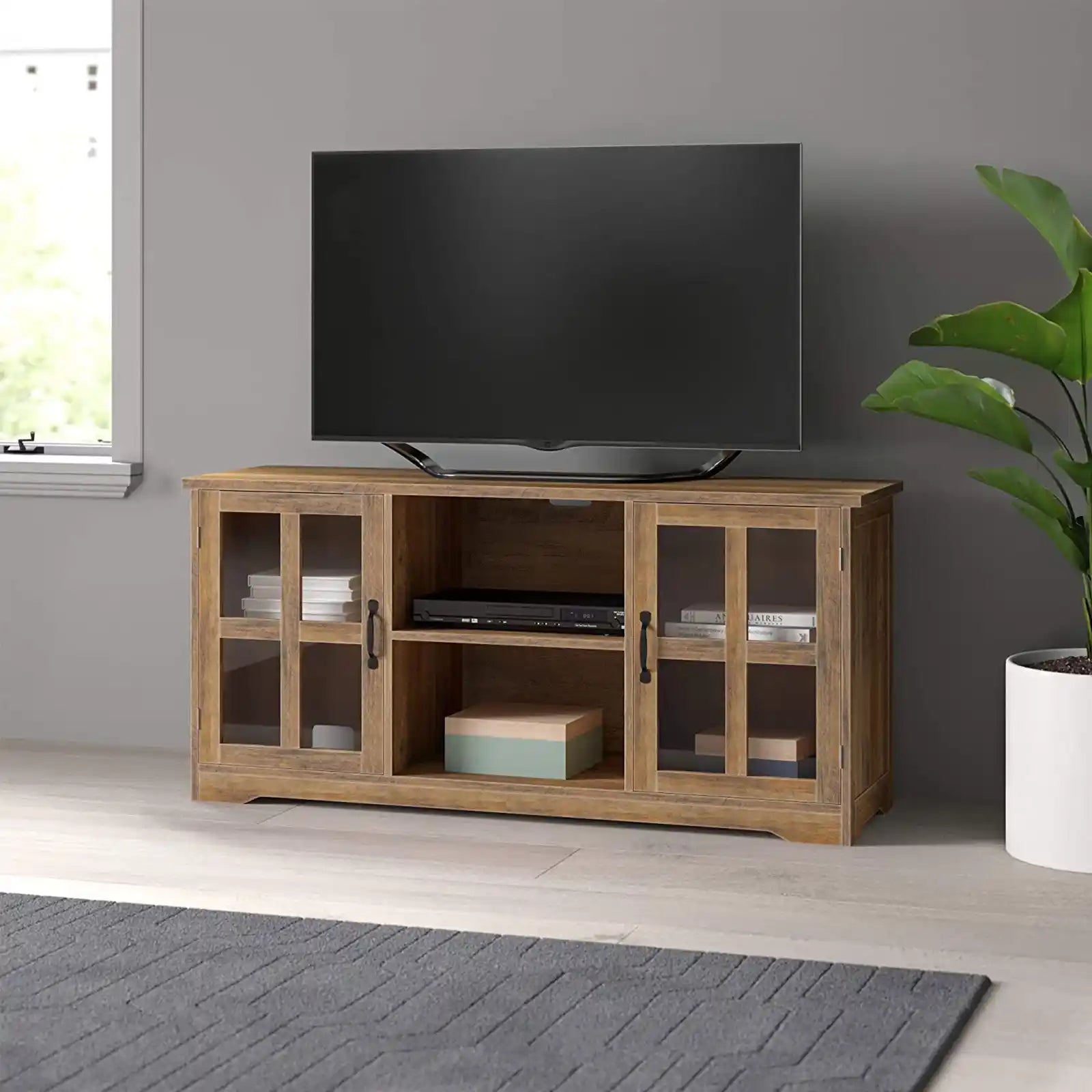 Moderno soporte para TV tradicional de 52 pulgadas y mesa consola central de entretenimiento multimedia para televisores de hasta 60 pulgadas