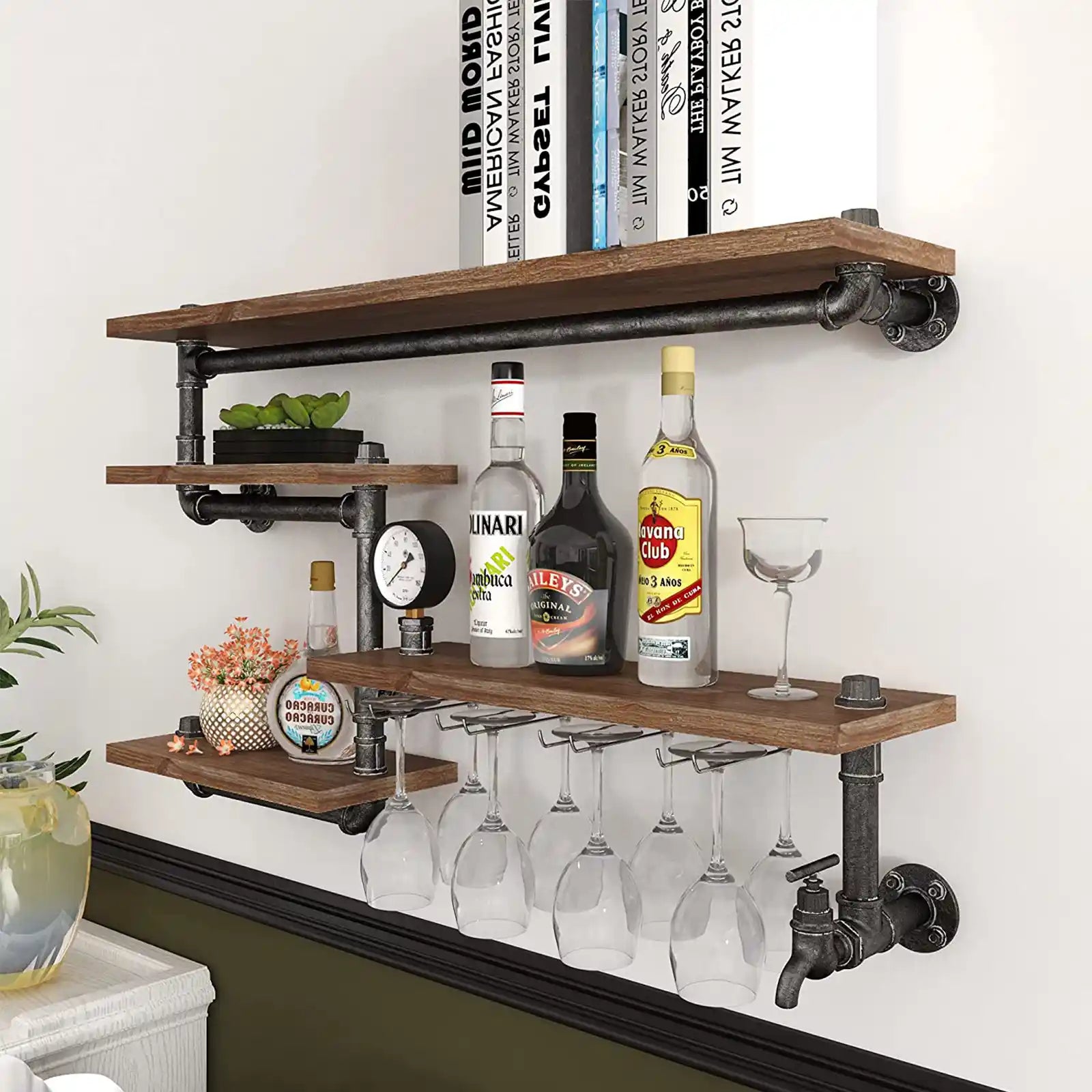 Wooden Industrial Pipe Shelf Wine Rack Wall Mounted